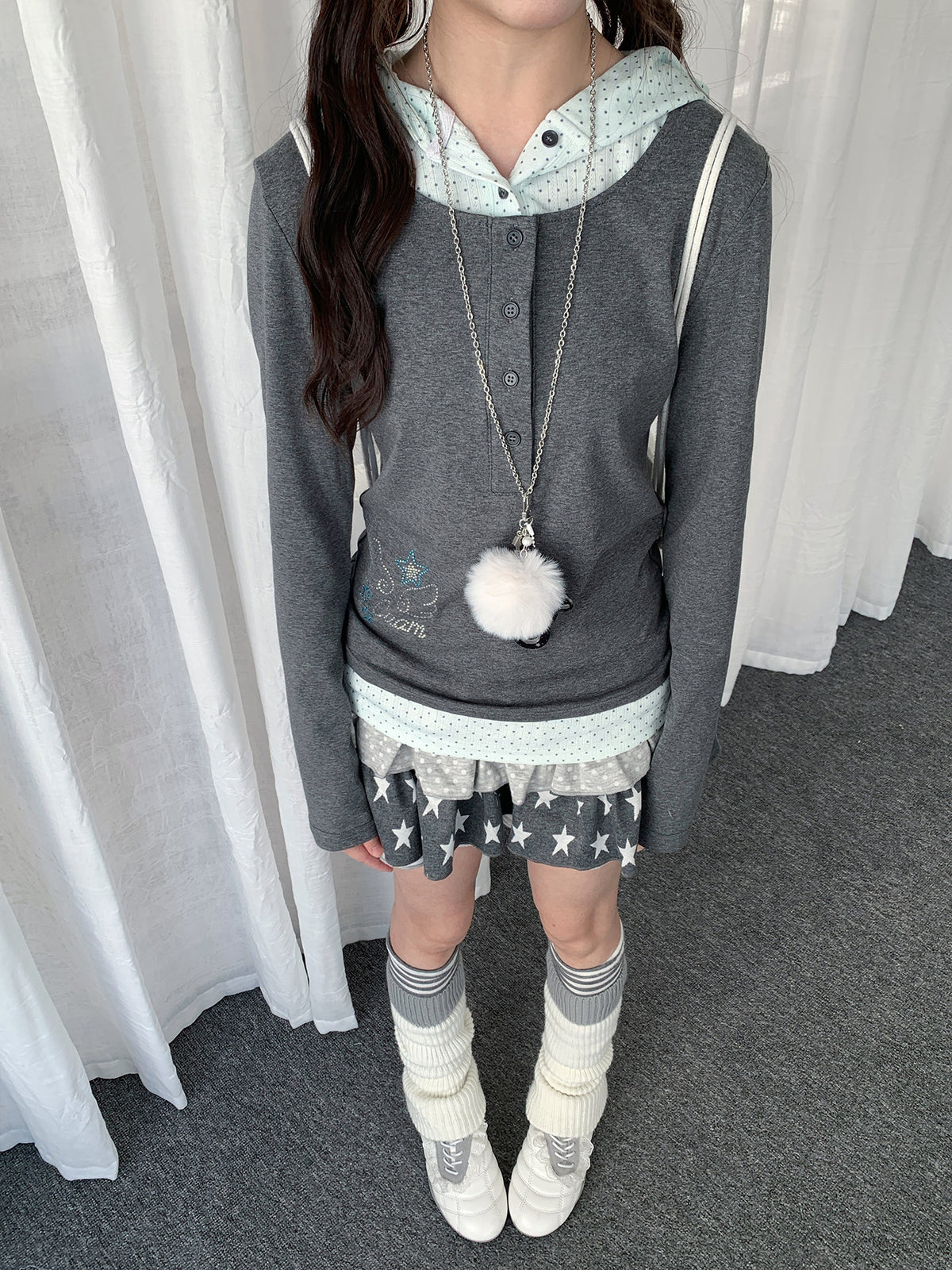 Polka Dot Layered Hooded Long Sleeve Top