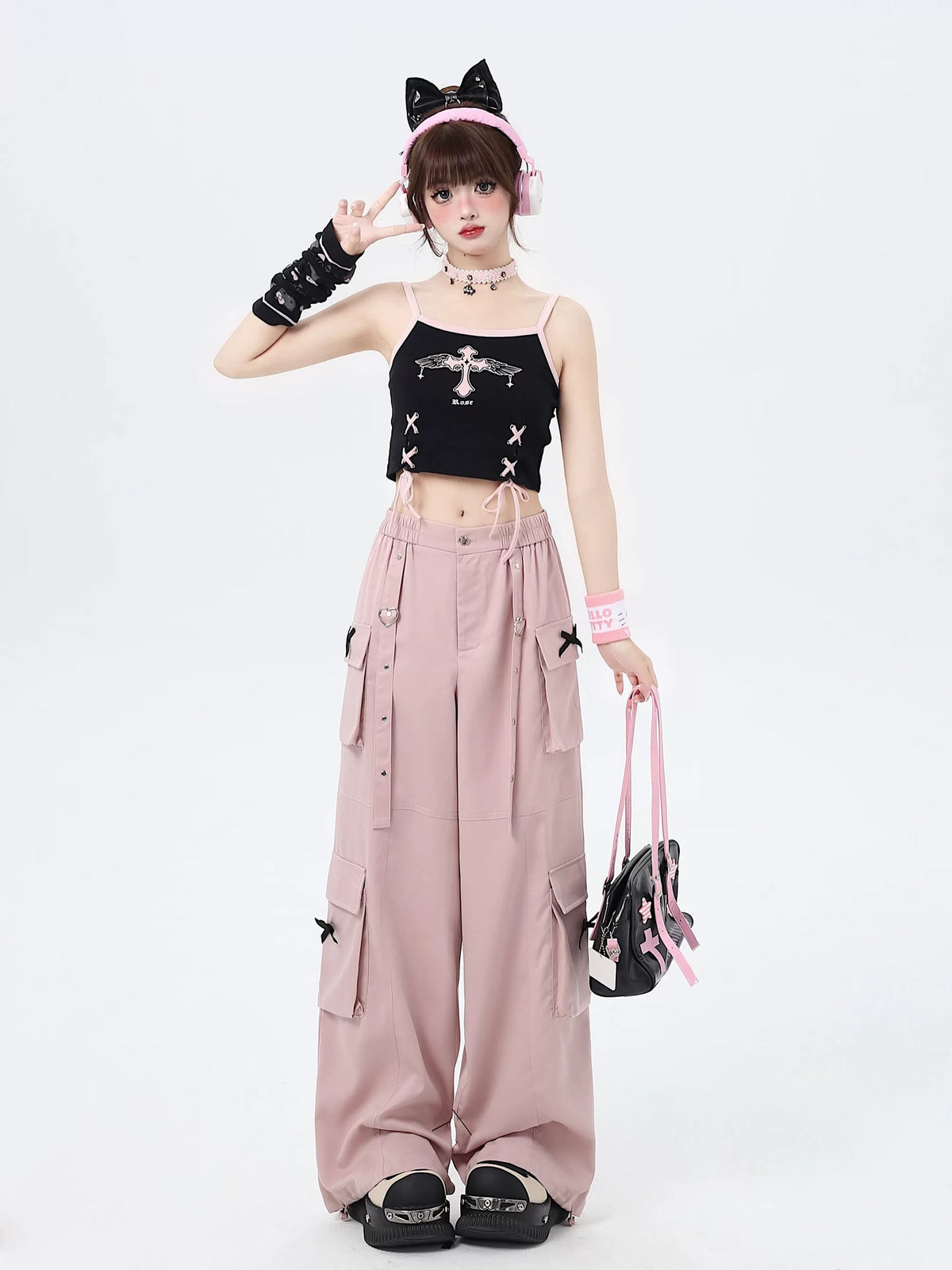 Heart Bow Pocket Wide-Leg Cargo Pants