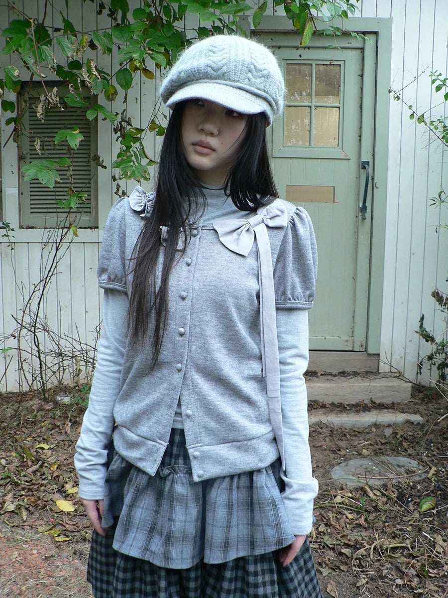 Bow-Detail Knit Cardigan & Long Sleeve Two-Piece Set
