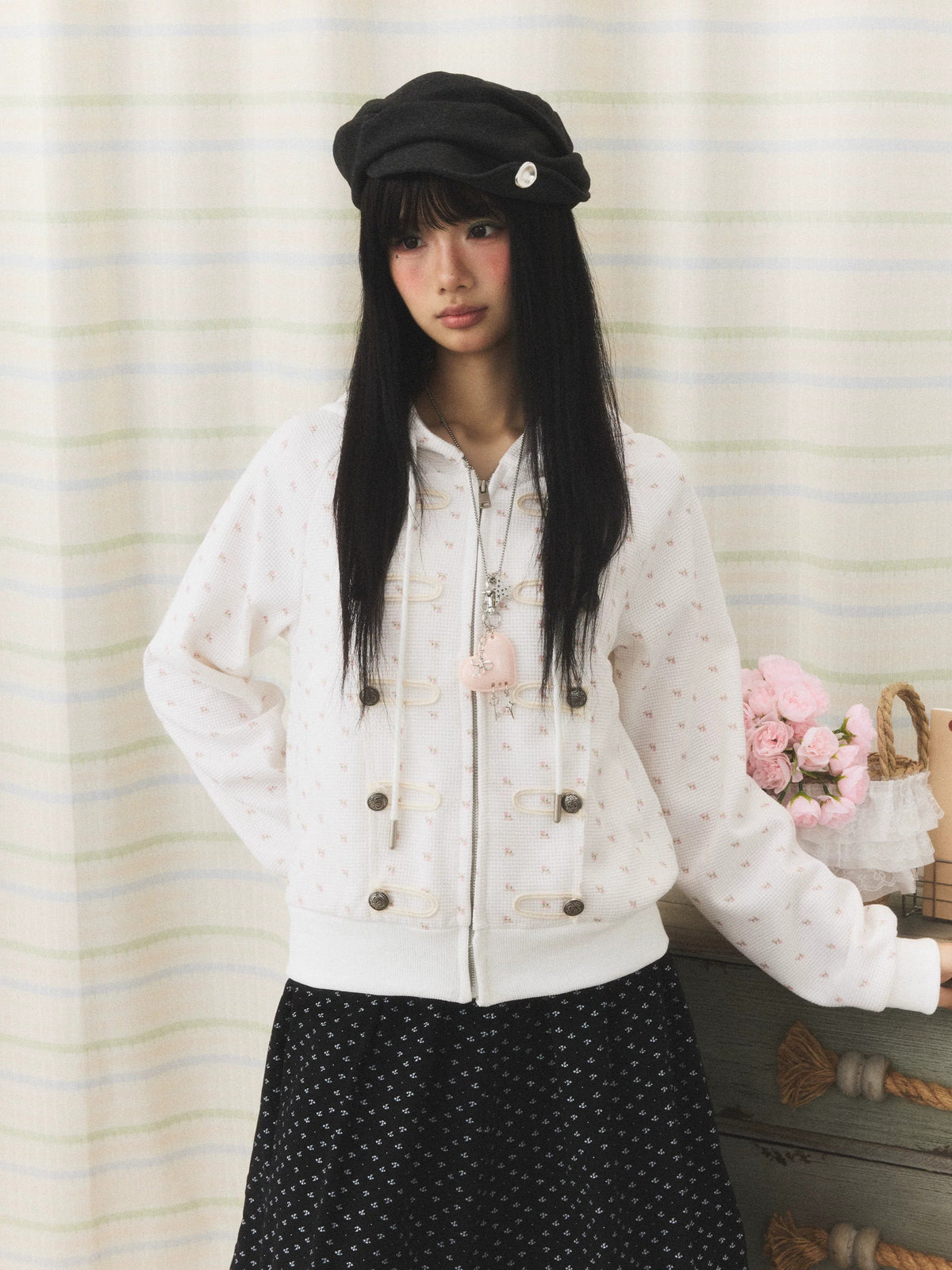 Floral Waffle Toggle Zip-Up Hoodie