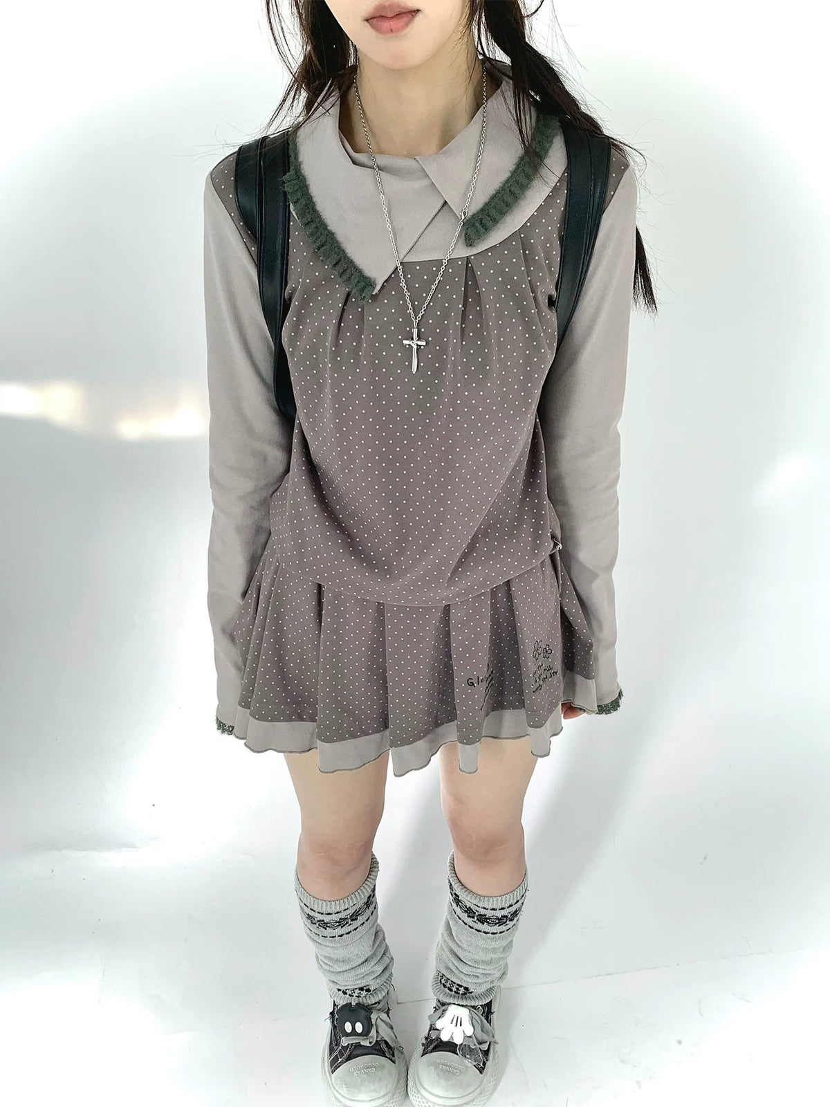 Gray Khaki Polka Dot Faux-Layer Pleated Mini Dress