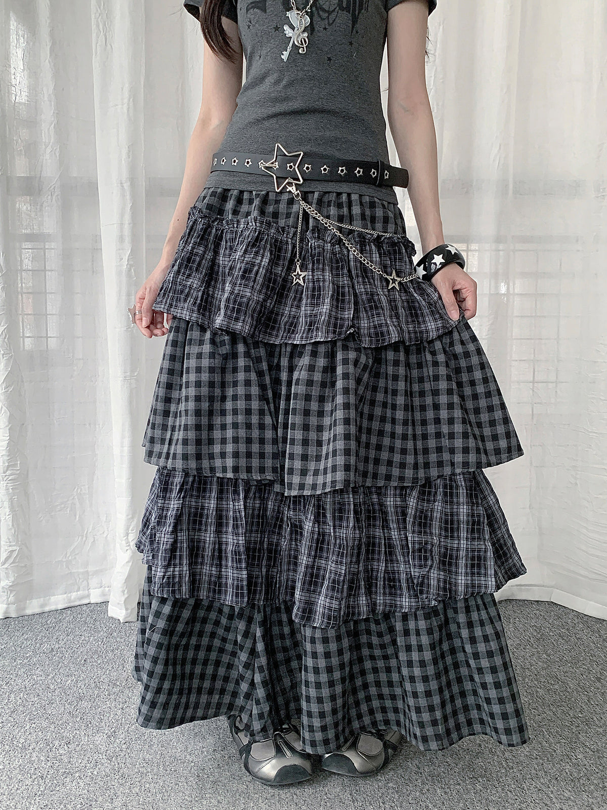 Gray Plaid Tiered Maxi Skirt