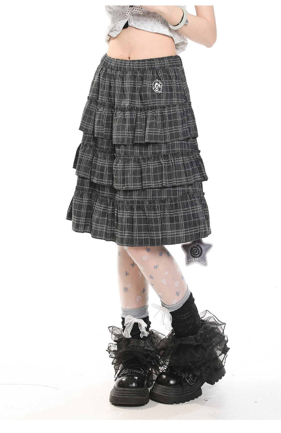 Vintage Gray Plaid Tiered Ruffle Midi Skirt