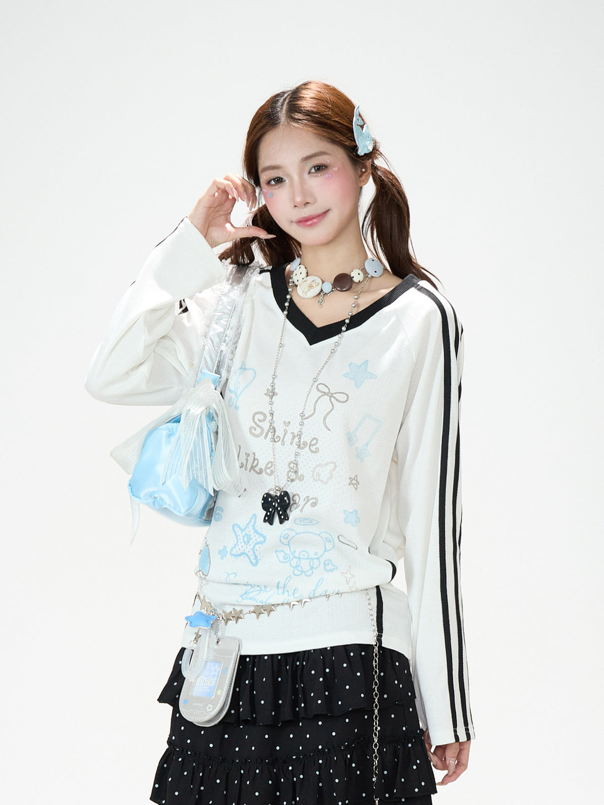 Dreamy Doodle V-Neck Long Sleeve Top & Polka Dot Tiered Ruffle Skirt