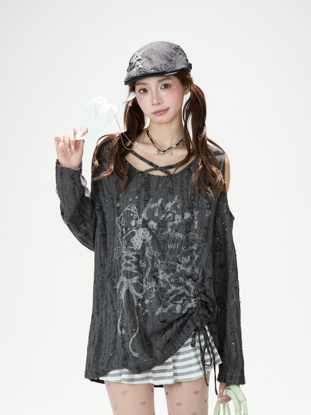 Distressed Cold-Shoulder Graphic Long Sleeve Top & Striped Drawstring Ruffle Mini Skirt