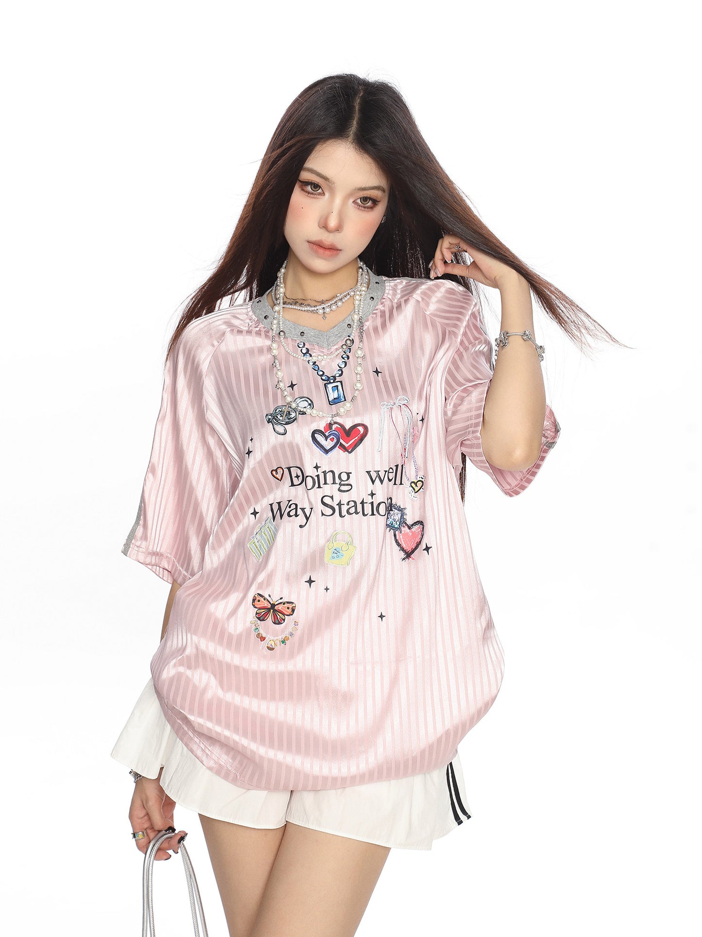 „Doing Well“ Grafik-Trikot-T-Shirt｜Americana Girly V-Ausschnitt Kurzarm gestreift