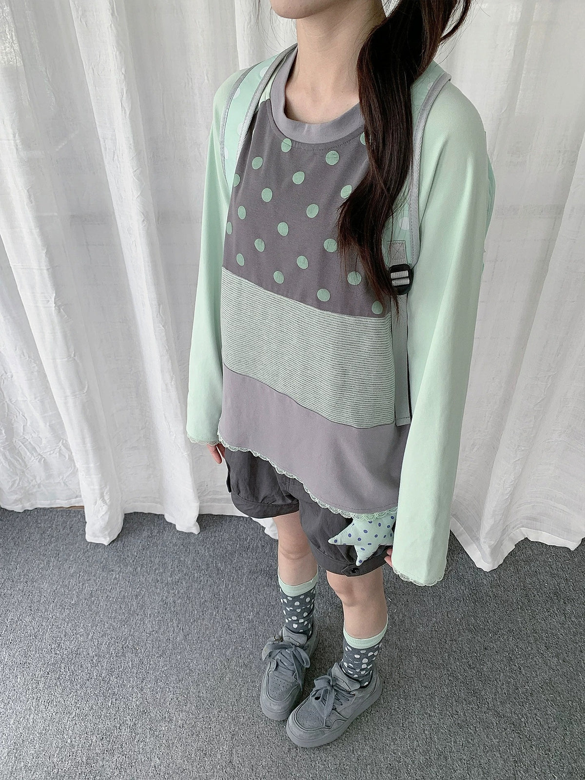 Polka Dot Stripe Lace-Trim Patchwork Long Sleeve Top