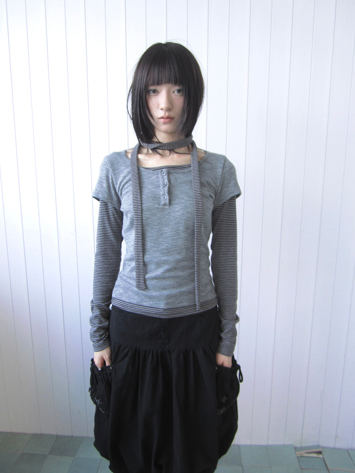Striped Layered Scarf Henley Long Sleeve Top