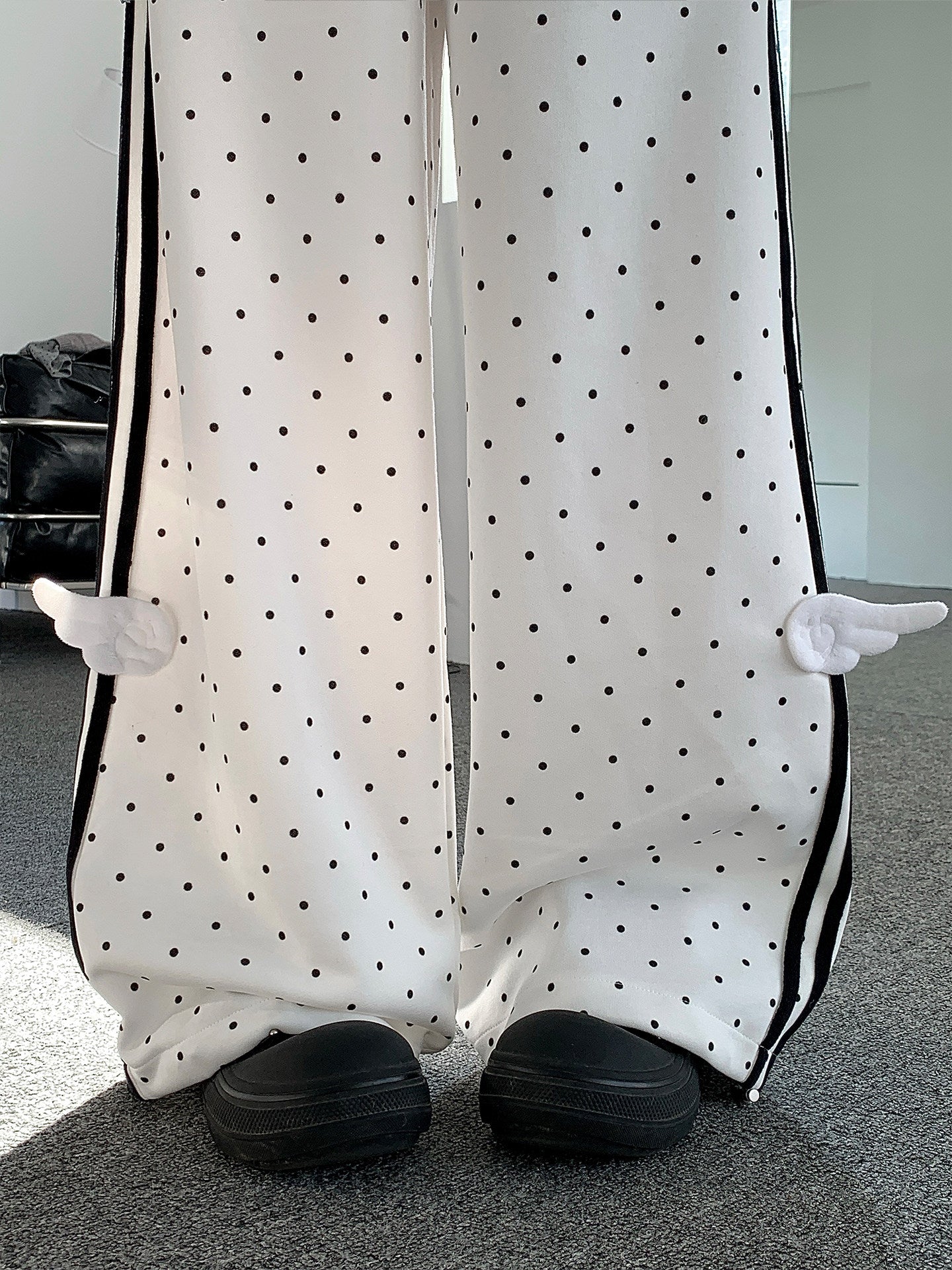 Polka Dot Wing-Detail Wide-Leg Track Pants