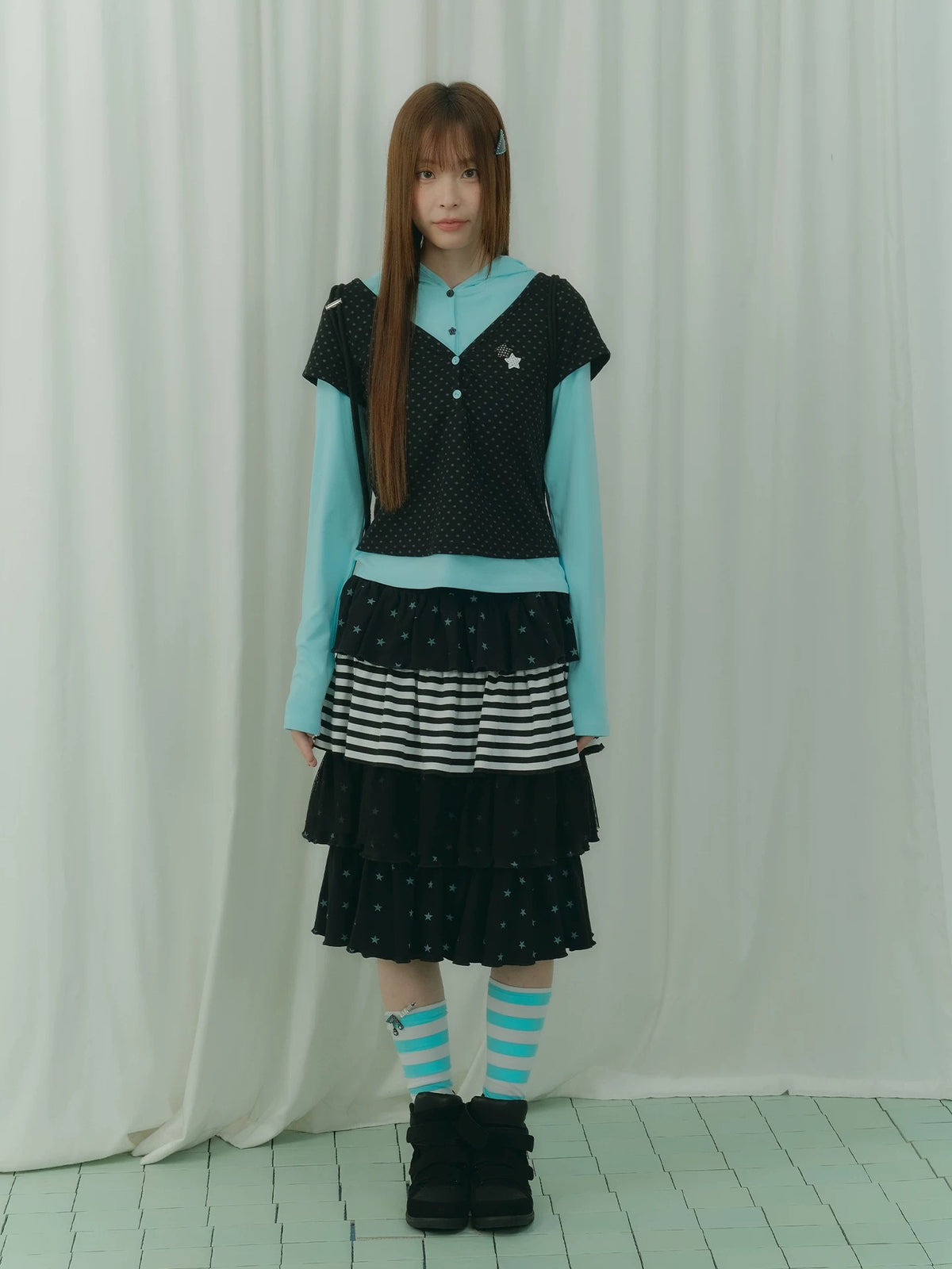 Star Stripe Tiered Ruffle Midi Skirt