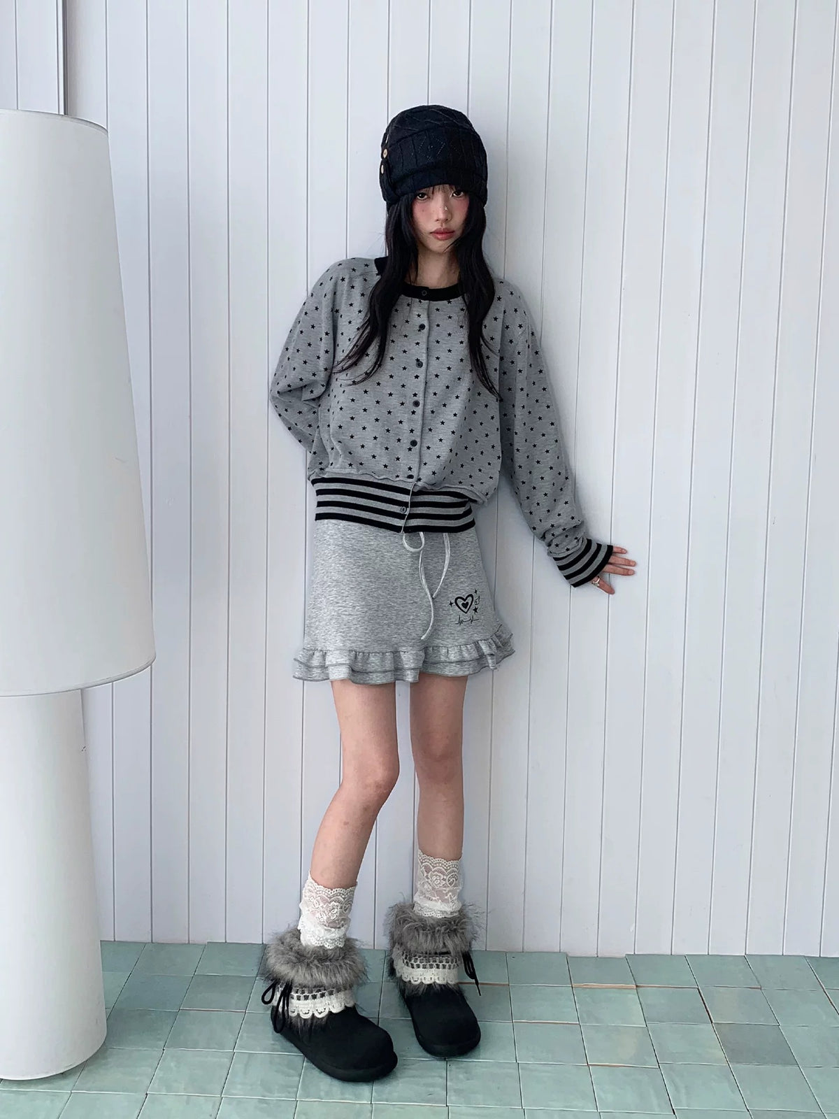 Star Print Contrast-Trim Knit Cardigan