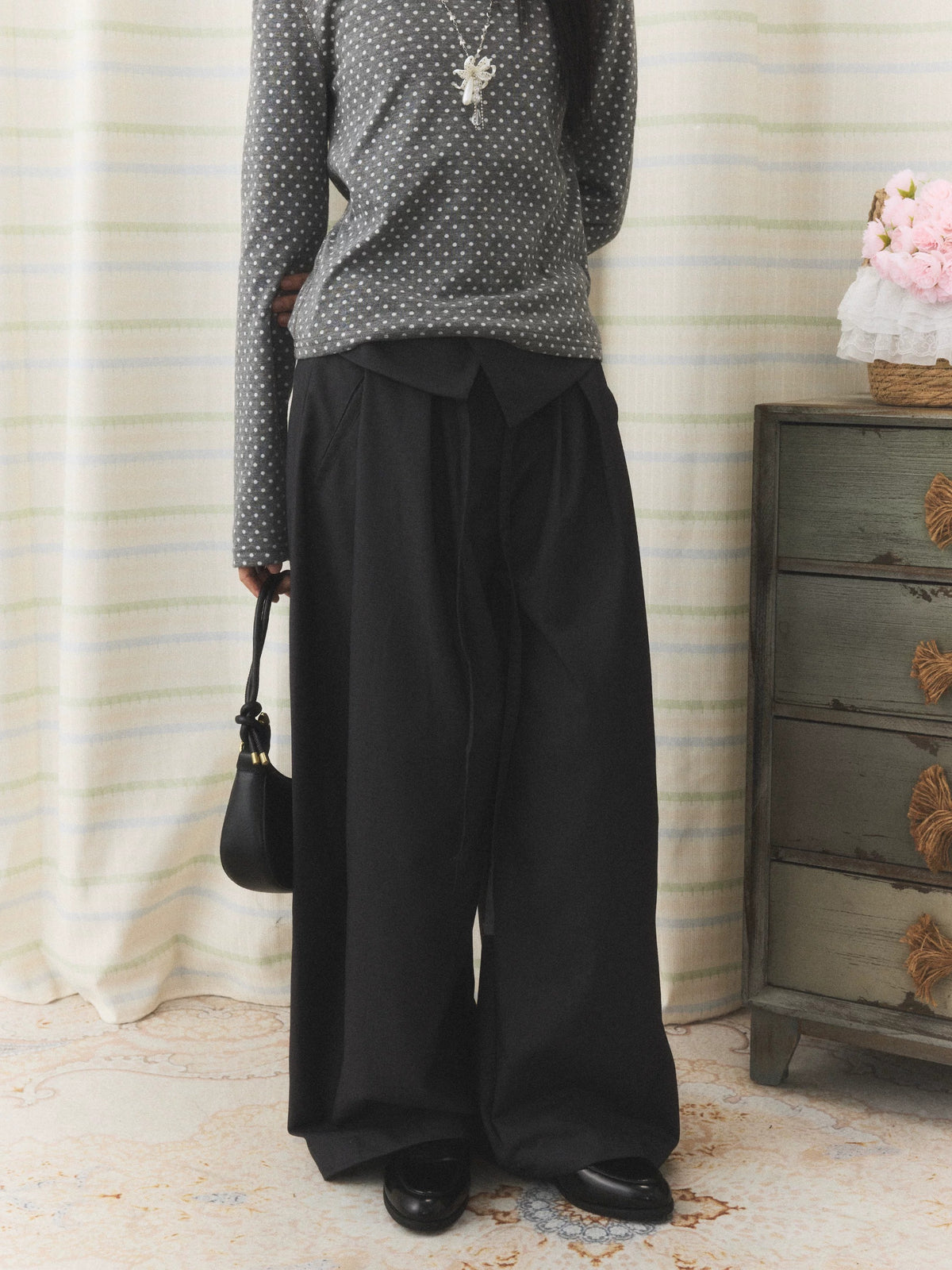 Foldover Tie Wide-Leg Trousers