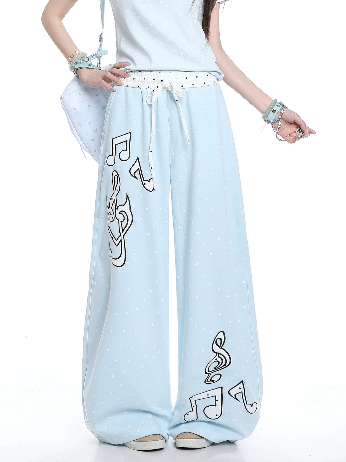 Polka-Dot Music Note Embroidered Wide-Leg Pants
