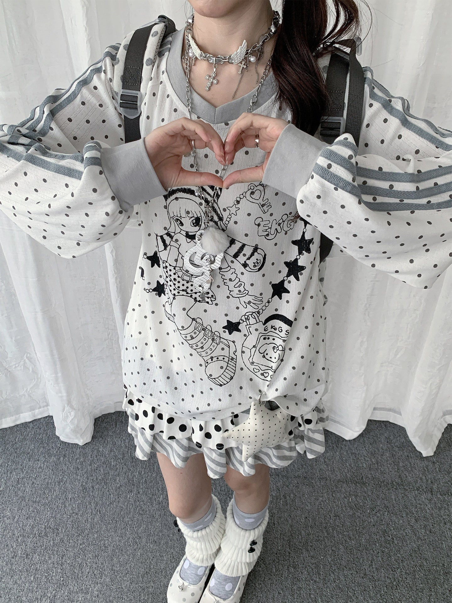 Polka Dot Star Girl V-Neck Long-Sleeve Tee
