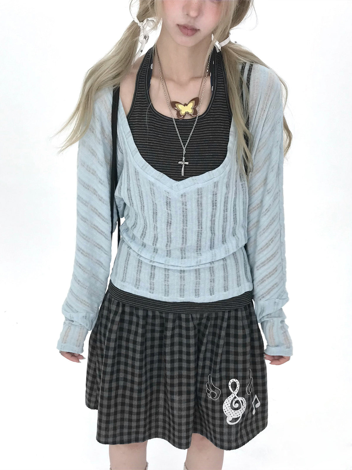 Icy Blue Striped Halter-Layered Long Sleeve Top