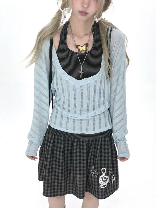 Icy Blue Striped Halter-Layered Long Sleeve Top