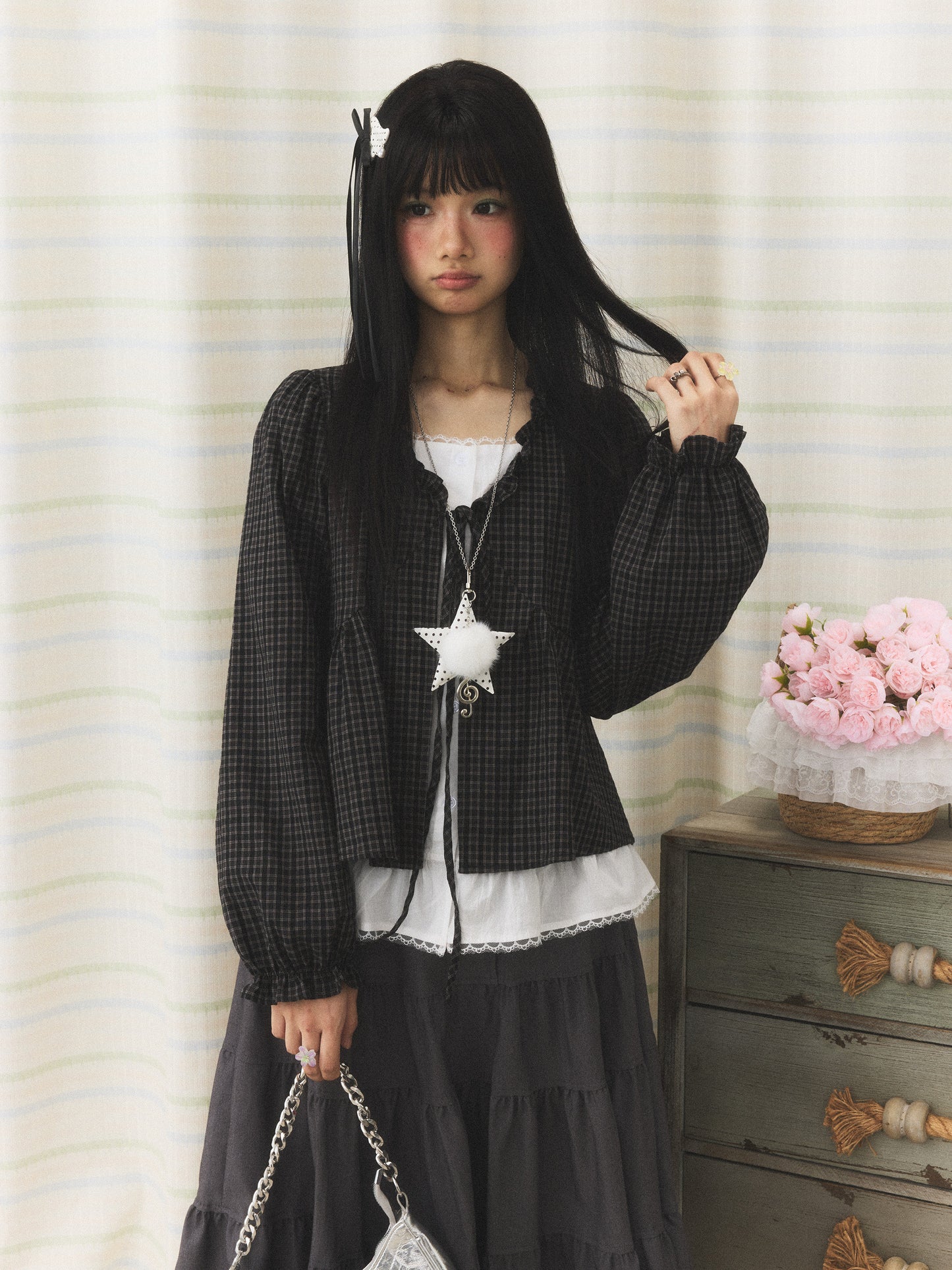 Charcoal Plaid Faux-Layer Ruffle Tie-Front Blouse