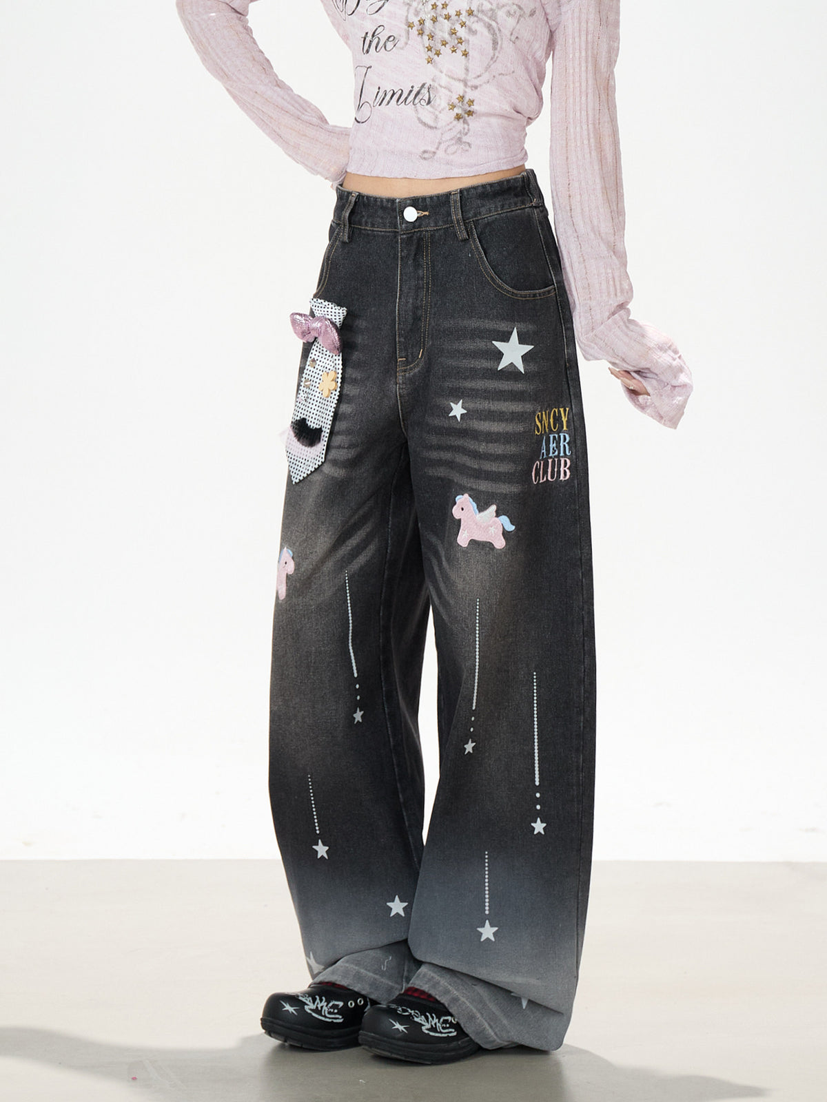 Dreamy Unicorn Star Washed Wide-Leg Jeans