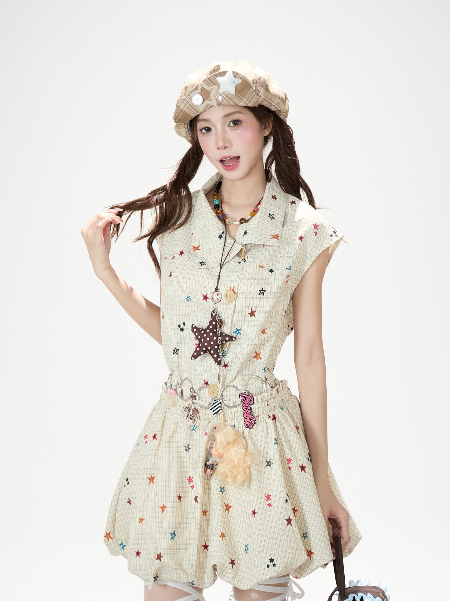 Starry Plaid Bubble Mini Dress
