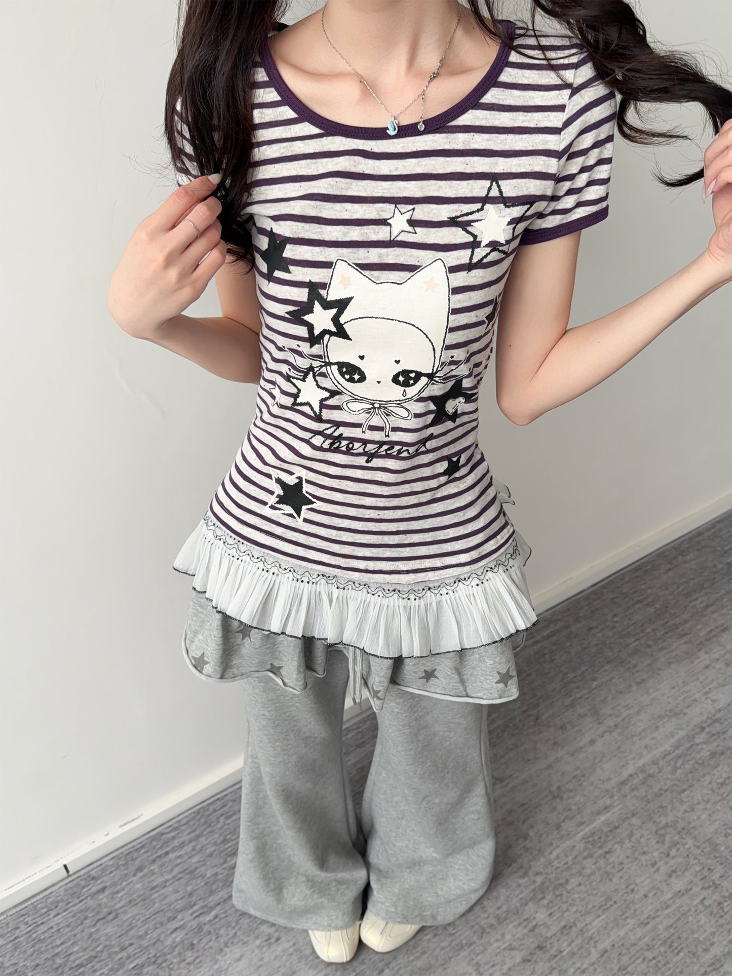 Purple Stripe Star Girl Ruffle-Hem Tee