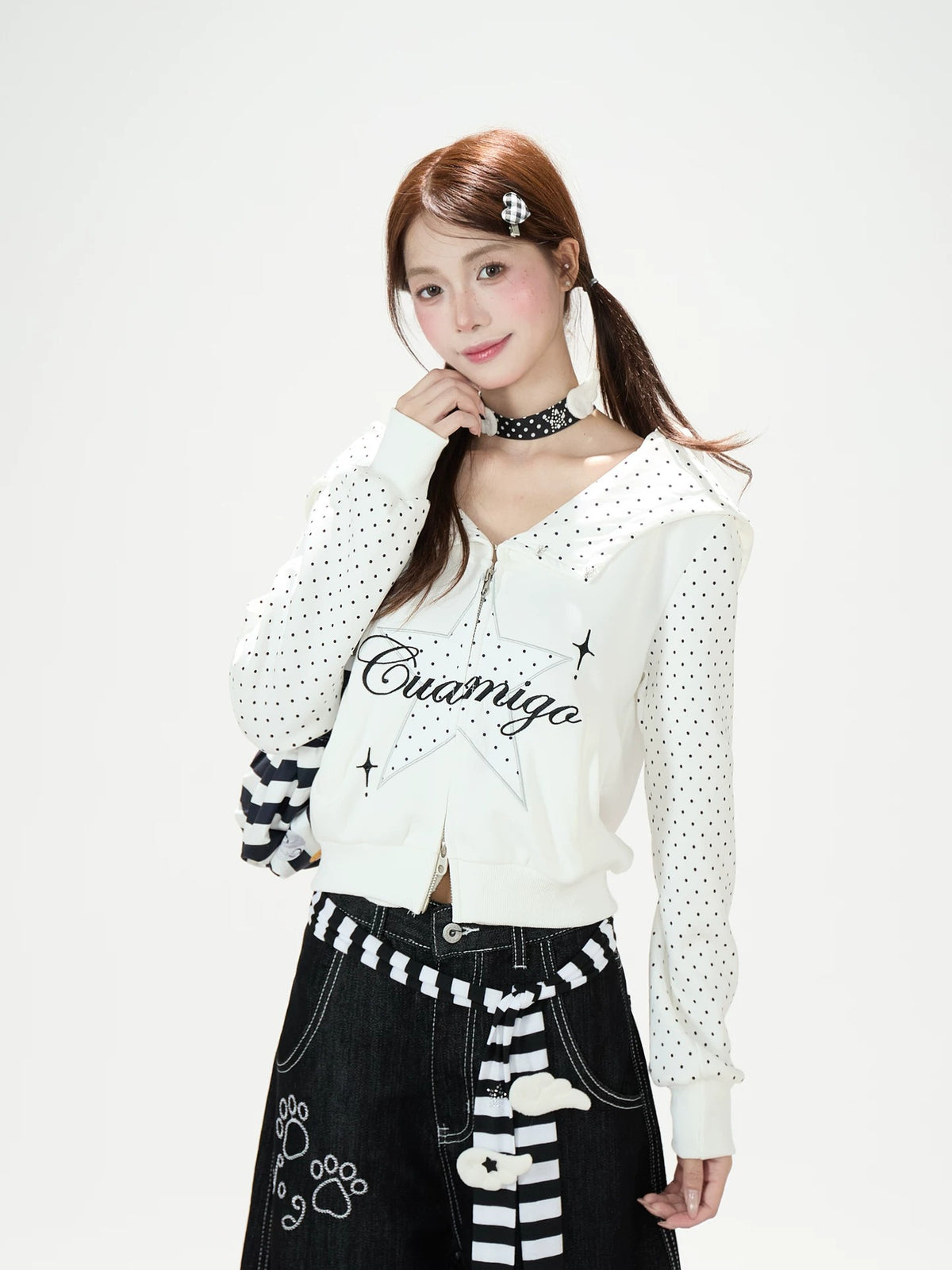 Star Polka-Dot Zip-Up Hoodie & Paw Print Wide-Leg Jeans