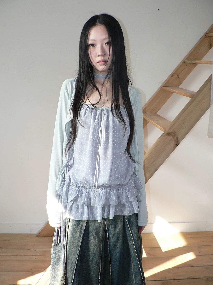 Polka Dot Ruffle Camisole & Cardigan Set with Scarf