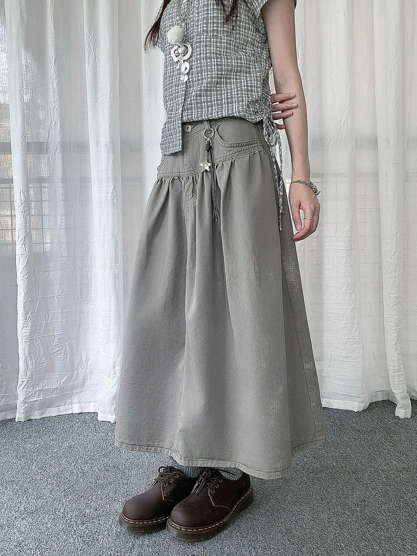 Star Charm Pleated Utility Midi Skirt