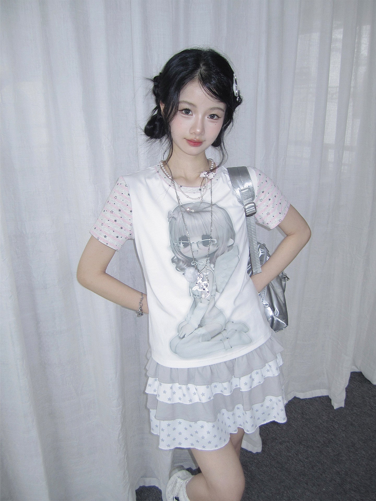 Angel Girl Contrast-Sleeve Graphic Tee