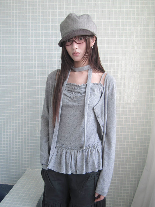 Polka Dot Ruffle Camisole & Cardigan Set with Scarf