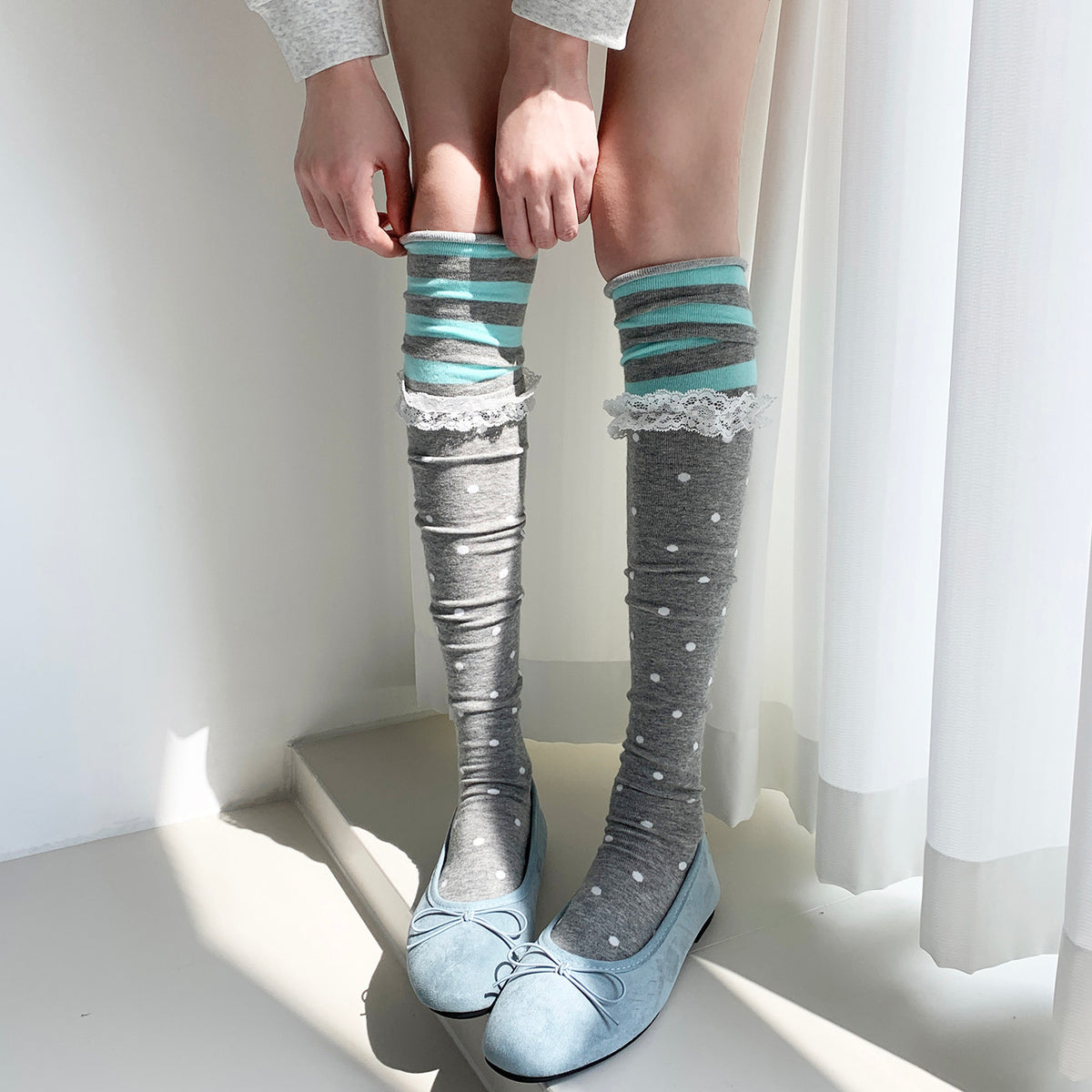 Lace Trim Patchwork Over-the-Knee Socks