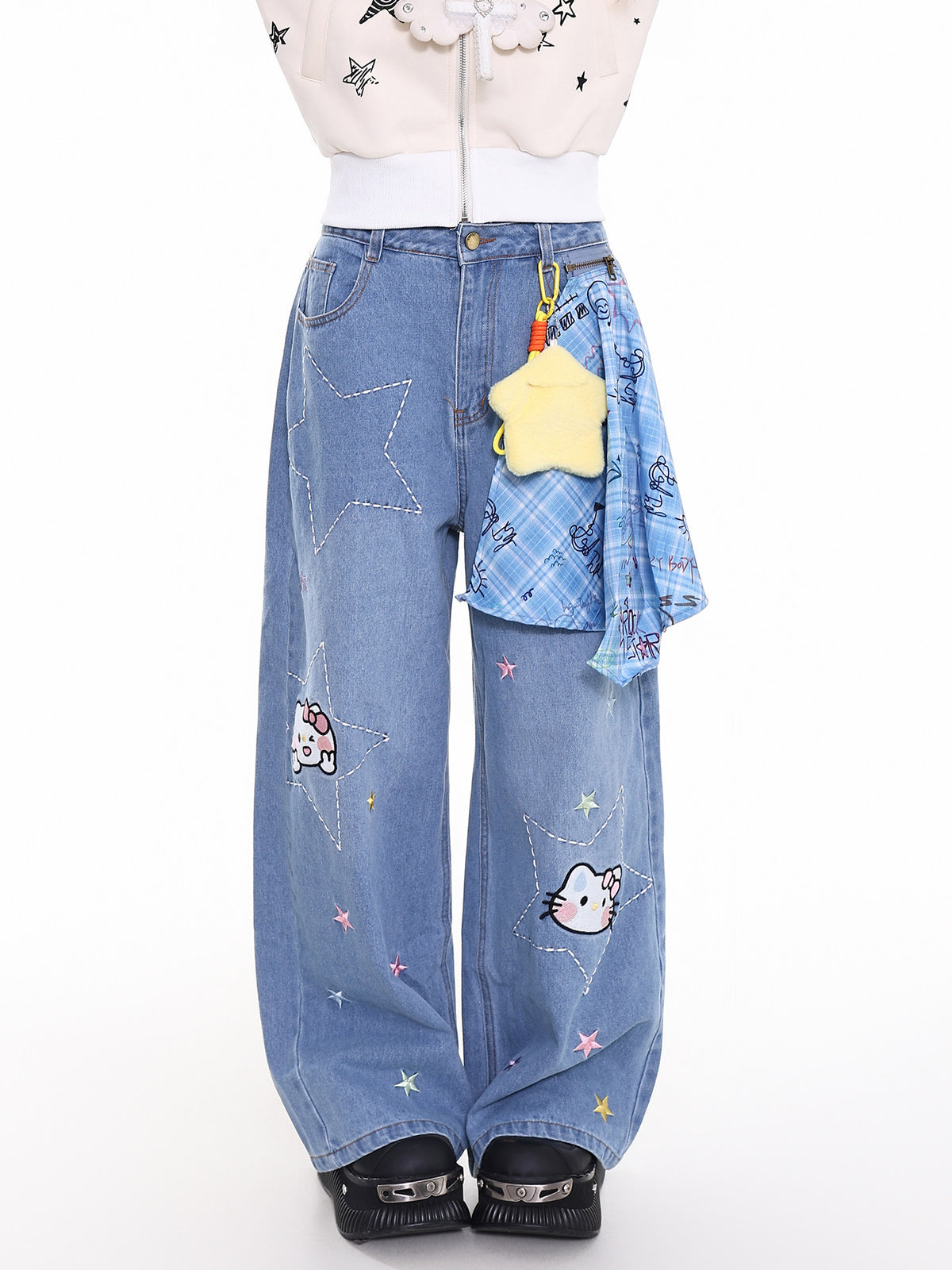 Cartoon Cat Star-Stitch Layered Wide-Leg Jeans with Charm