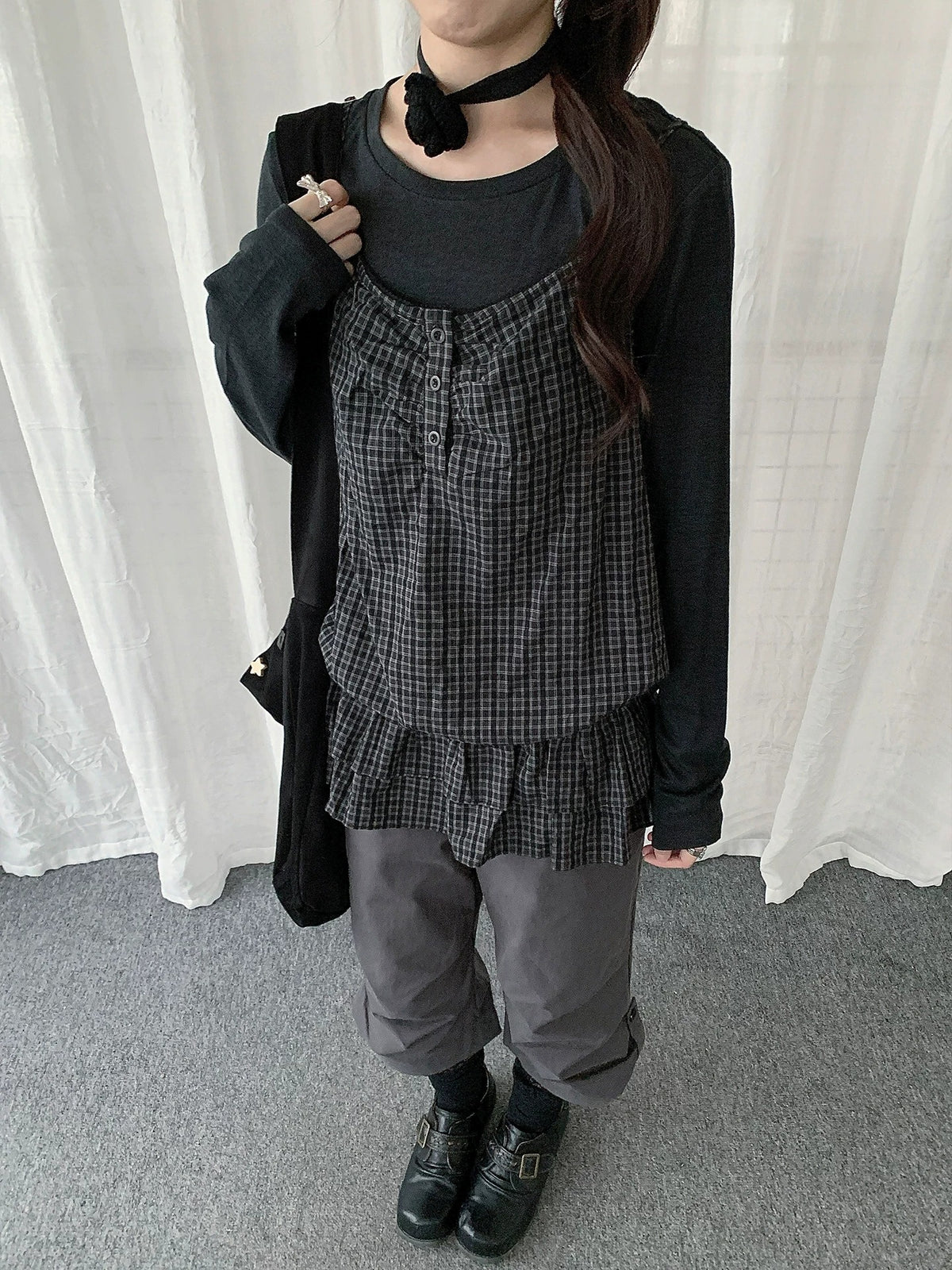 Plaid Cami & Long Sleeve Layered Two-Piece Top Set