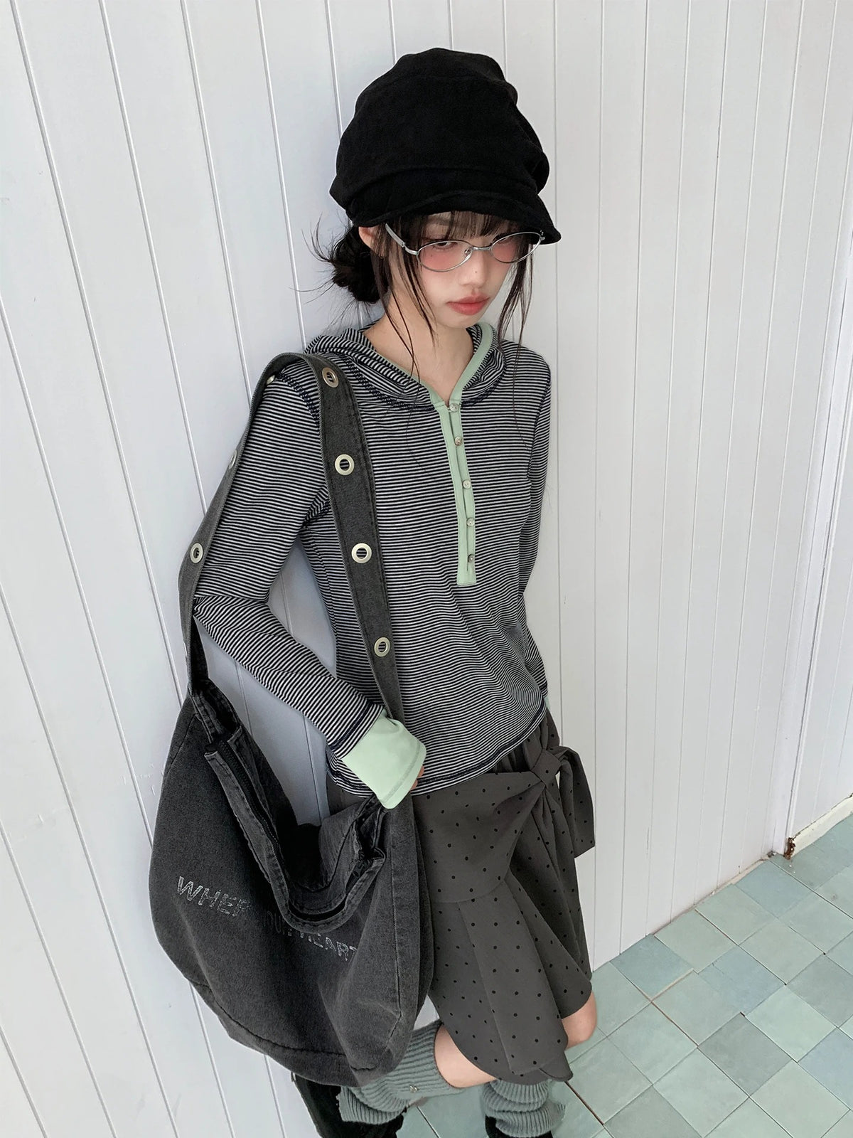 Blue-Gray Stripe Contrast Hooded Long Sleeve Top