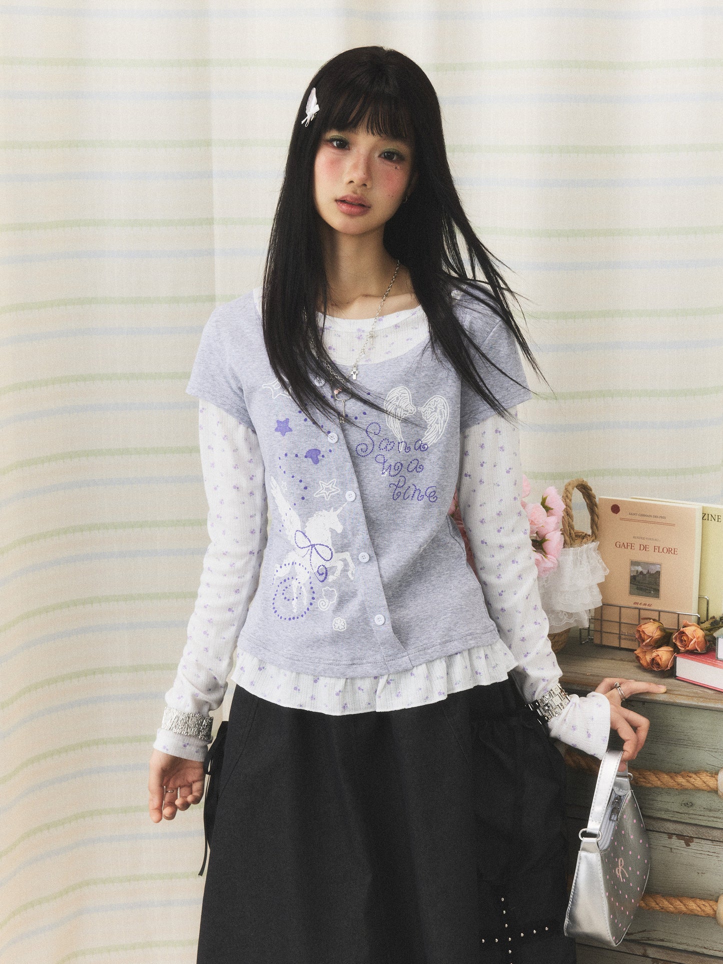 Lavender Wing Floral Faux-Layer Long-Sleeve Tee