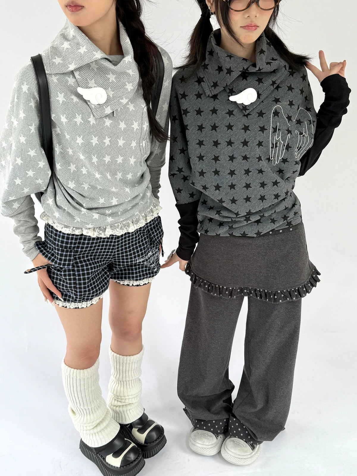 Asymmetric Star Drape Faux-Layer Long Sleeve Top