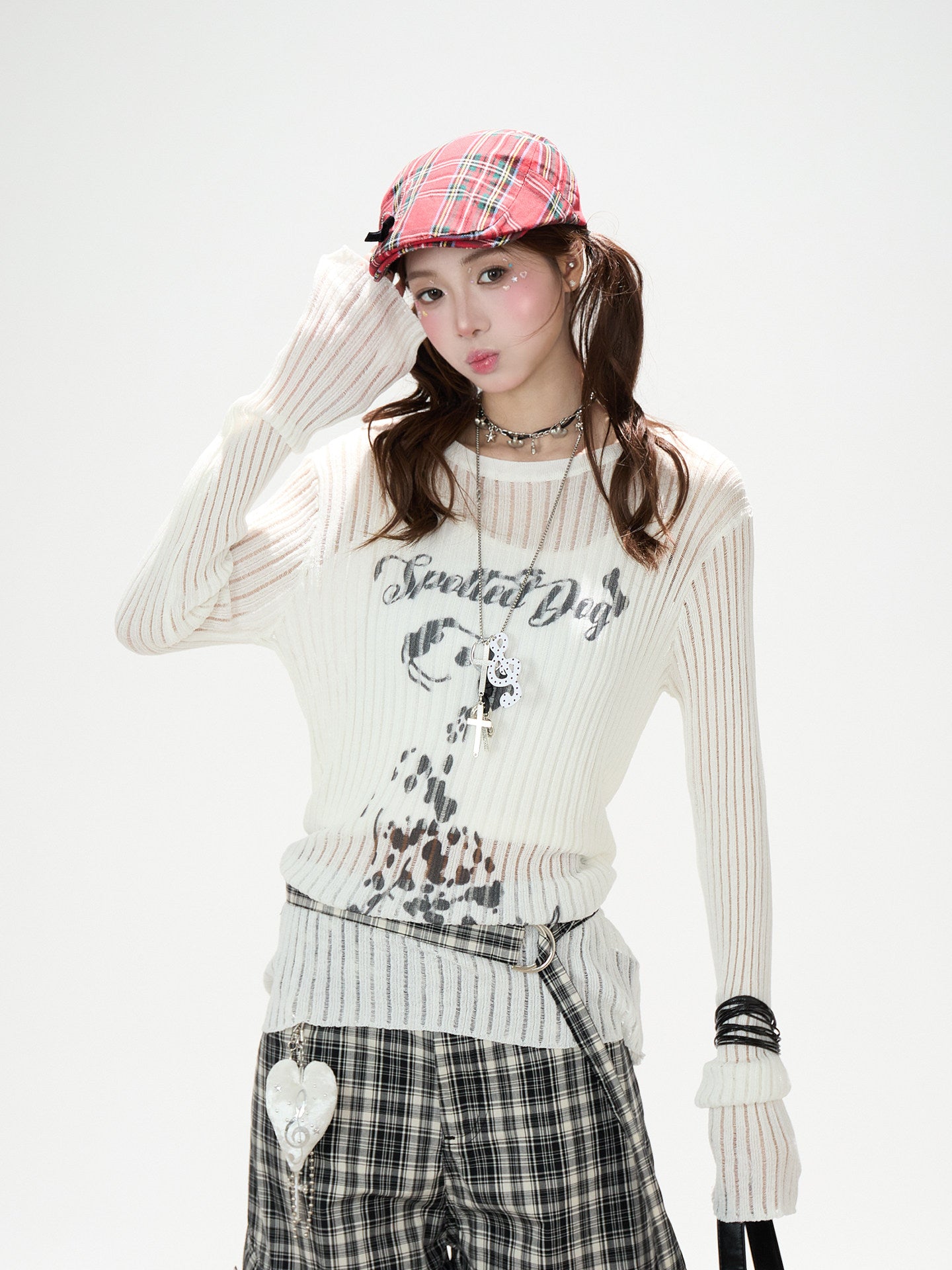 Dalmatian Sheer Knit Top & Black Plaid Ruffle Pants