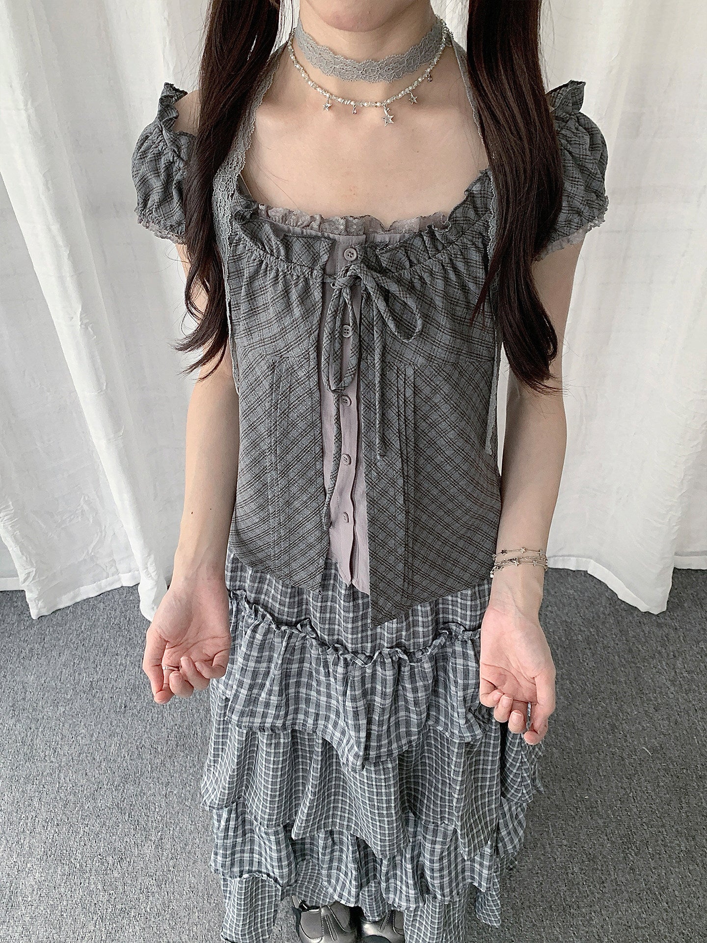 Gray Plaid Tie-Front Layered Puff-Sleeve Top
