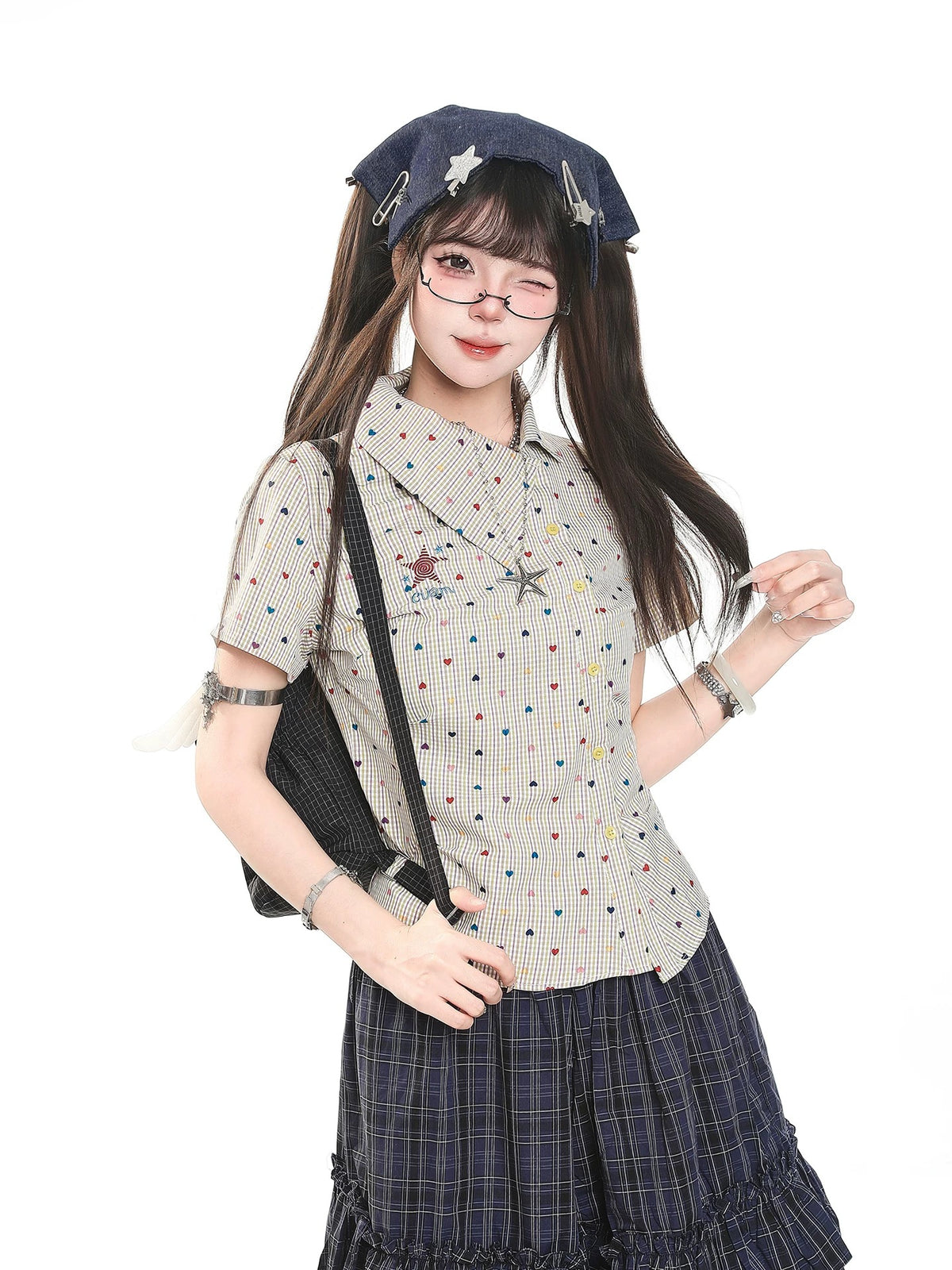 Rainbow Heart Plaid Fitted Short-Sleeve Shirt