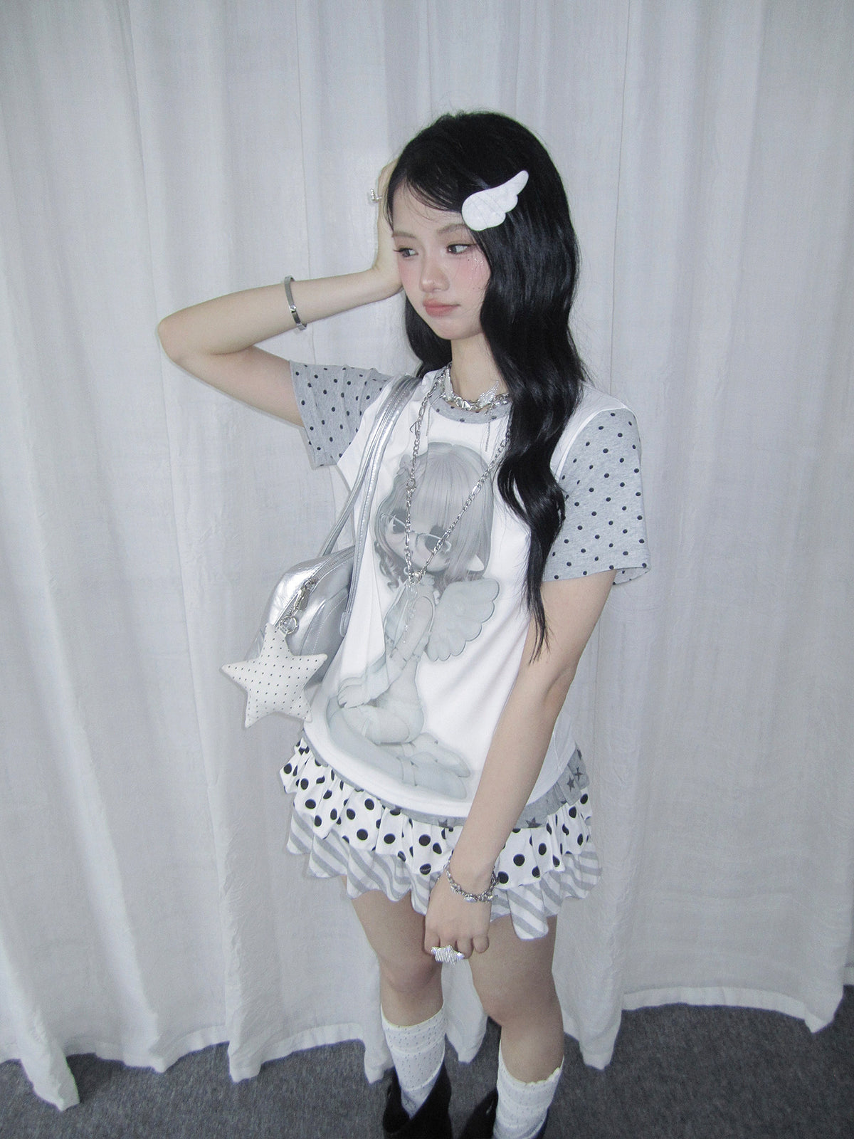 Angel Girl Contrast Sleeve Graphic Tee