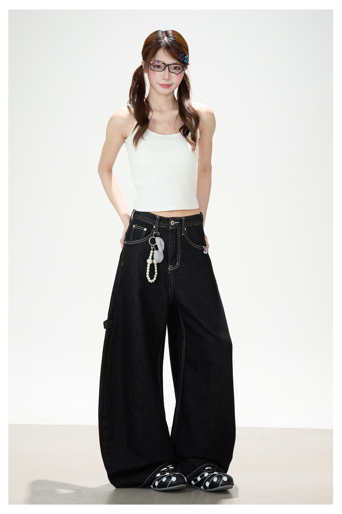 Washed Black Curved Wide-Leg Jeans