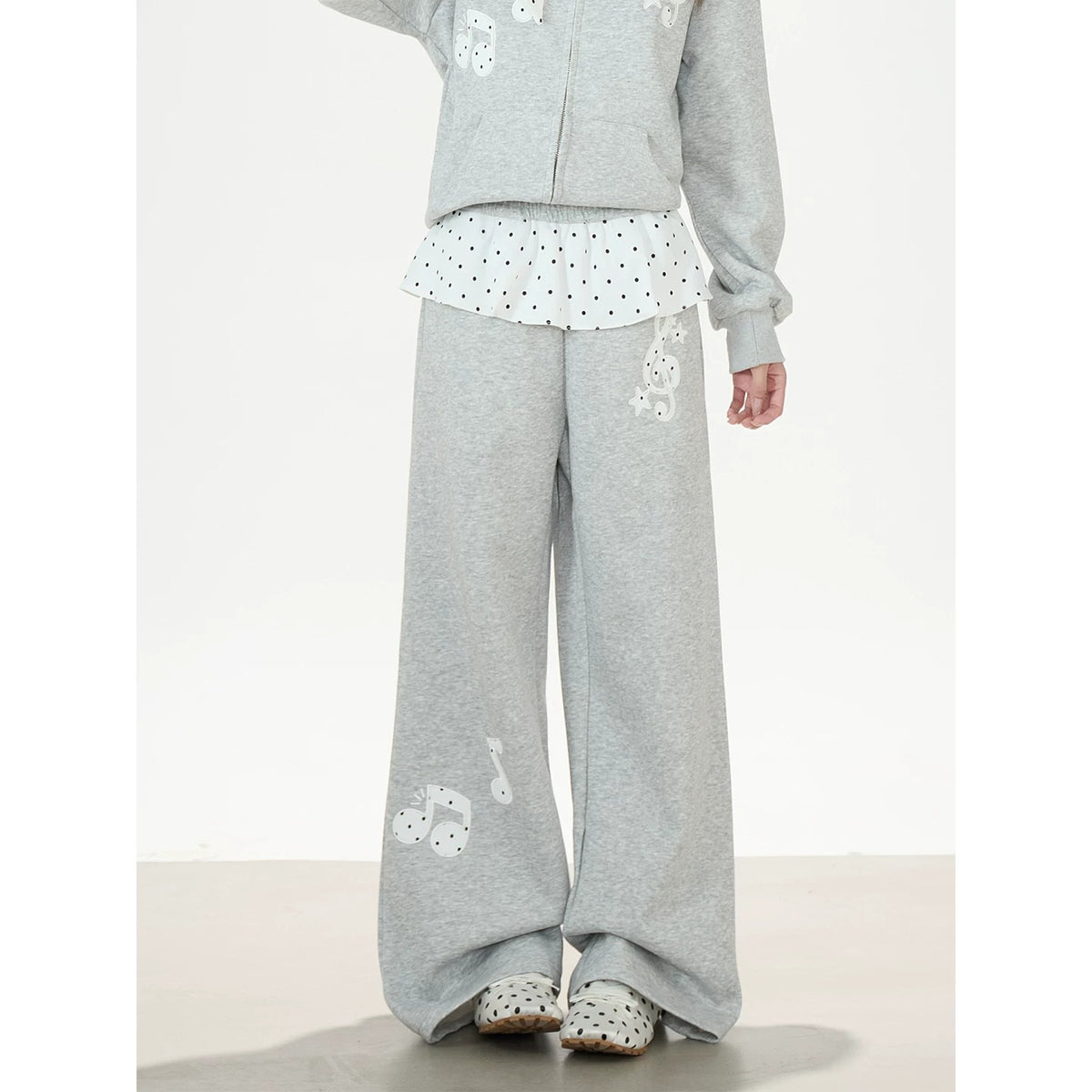 Music Note Polka-Dot Bow Zip-Up Hoodie & Gray Wide-Leg Pants