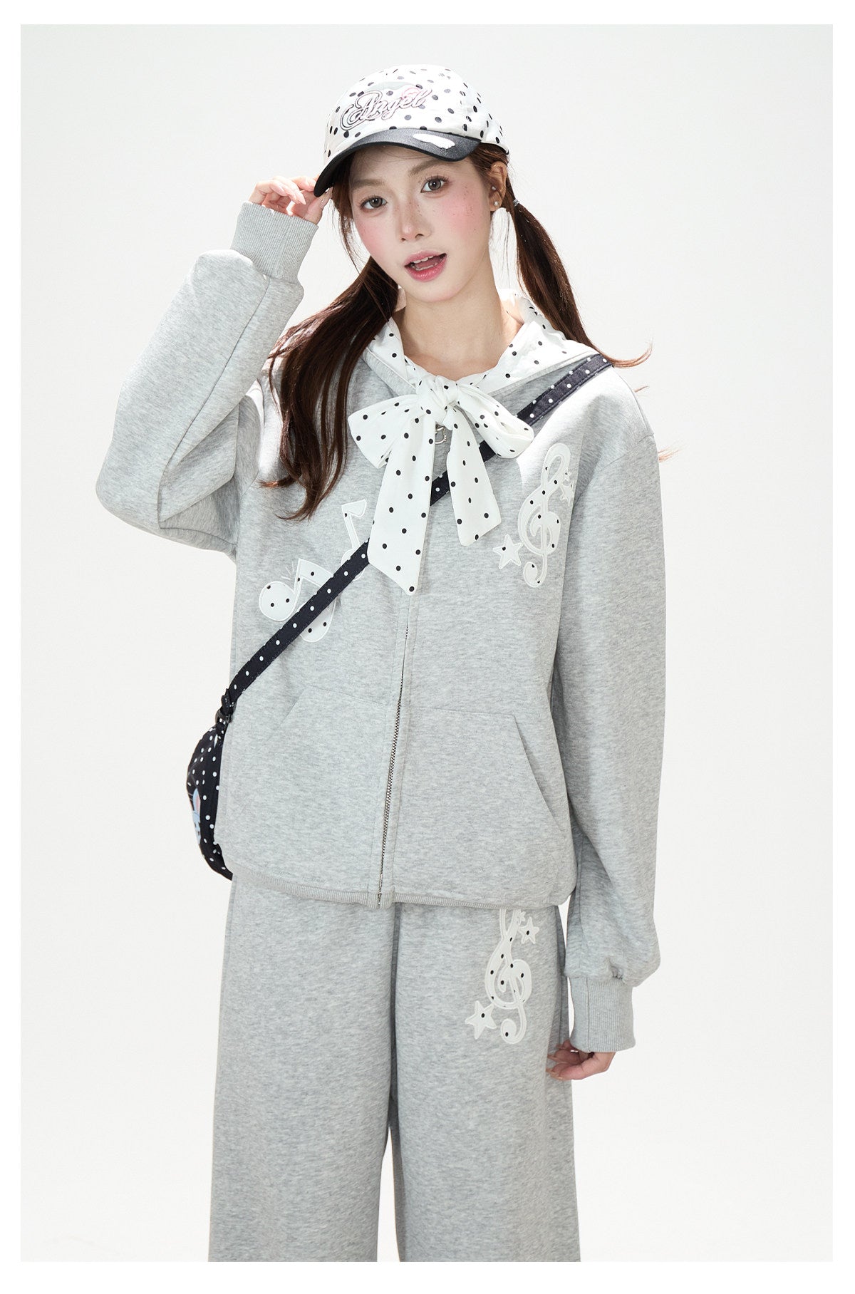 Music Note Polka-Dot Bow Zip-Up Hoodie & Gray Wide-Leg Pants