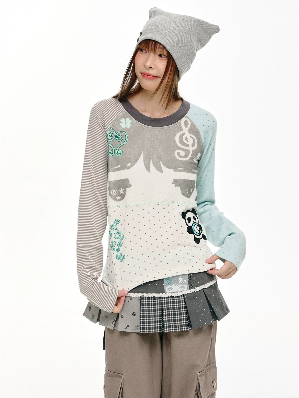 Mint Polka Dot Contrast-Sleeve Graphic Long Sleeve Top