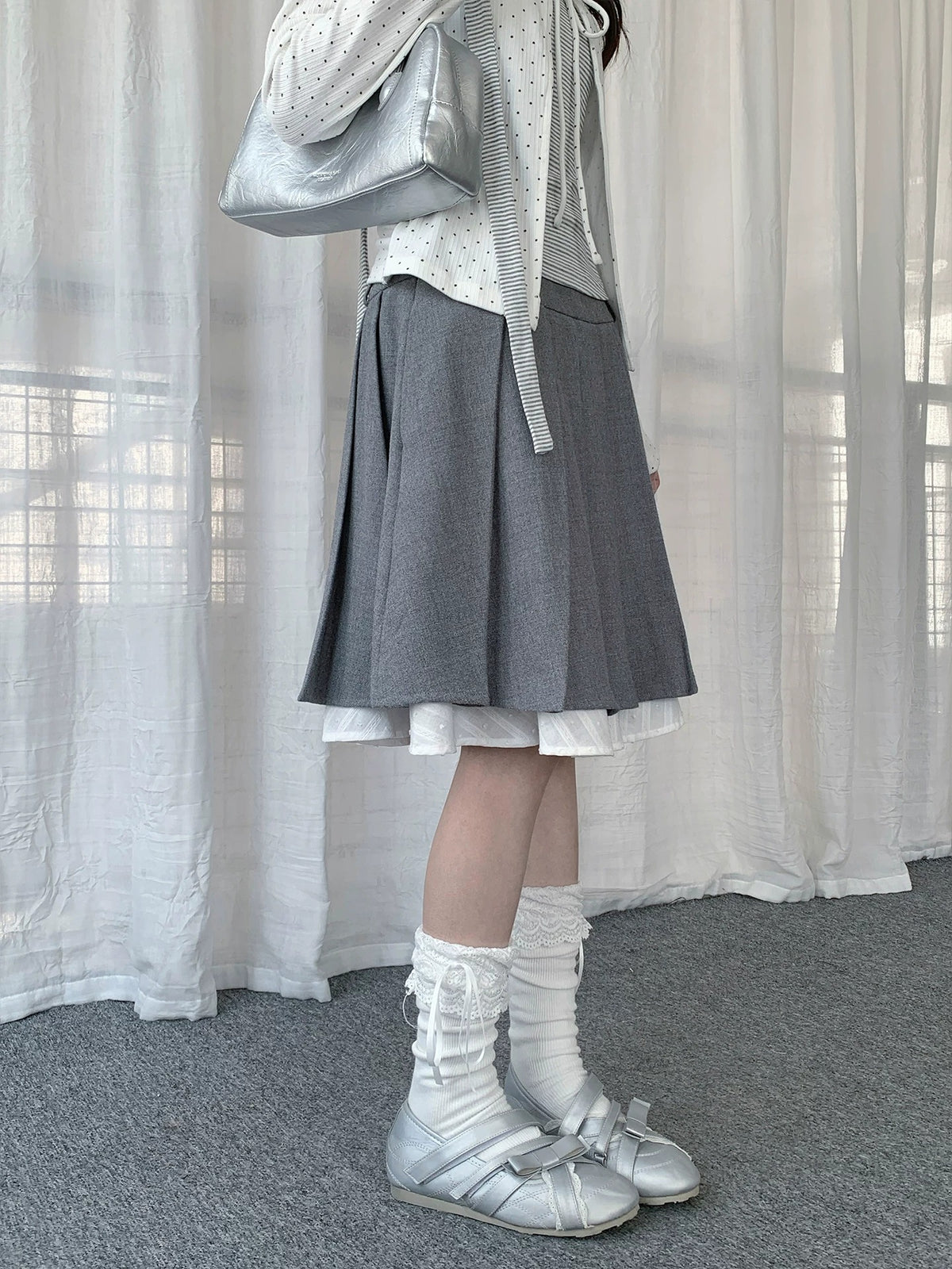 Gray Faux-Layer Pleated Midi Skirt