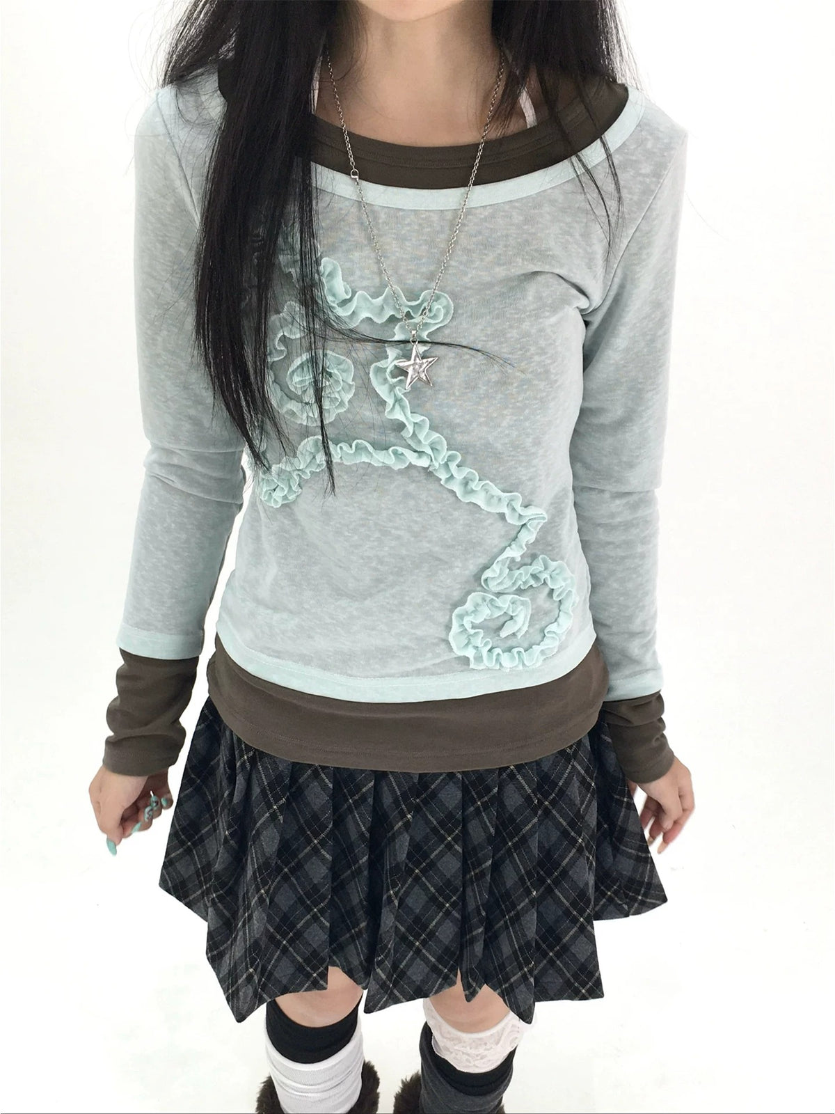 Mist Aqua Ruffle Star Faux-Layer Long Sleeve Top