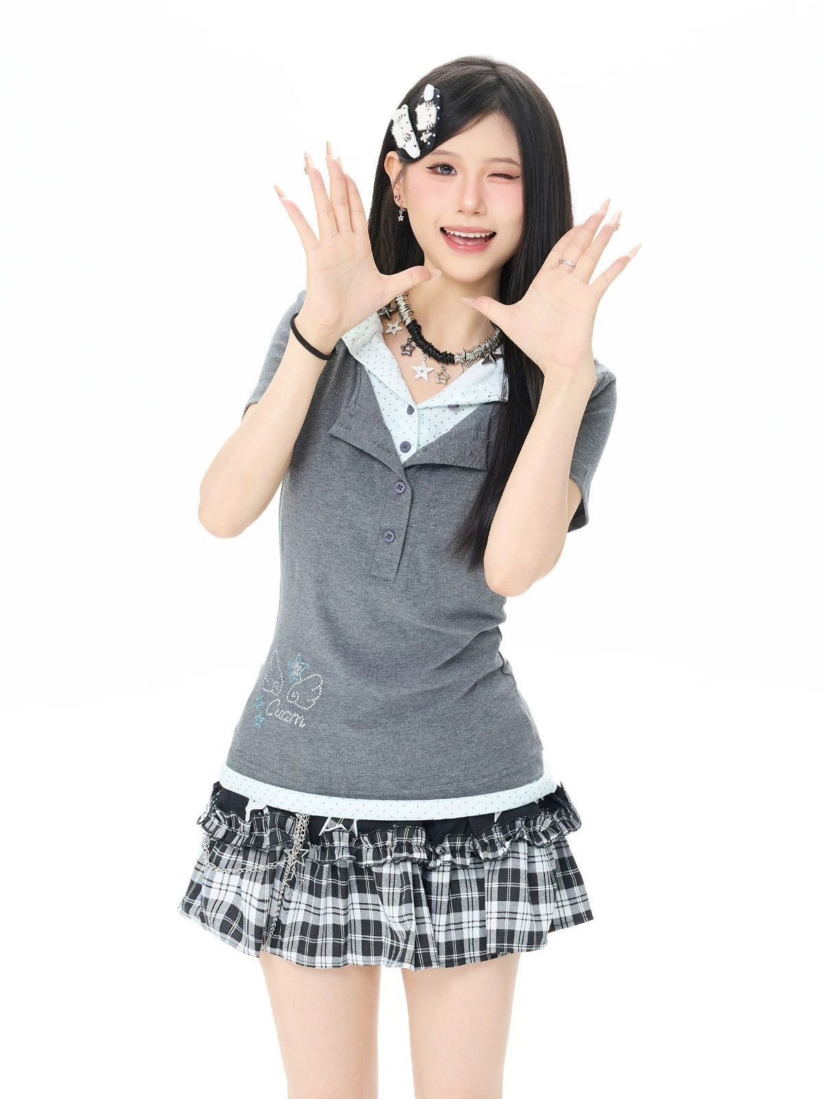 Starry Rhinestone Polka Dot Layered Hood Tee