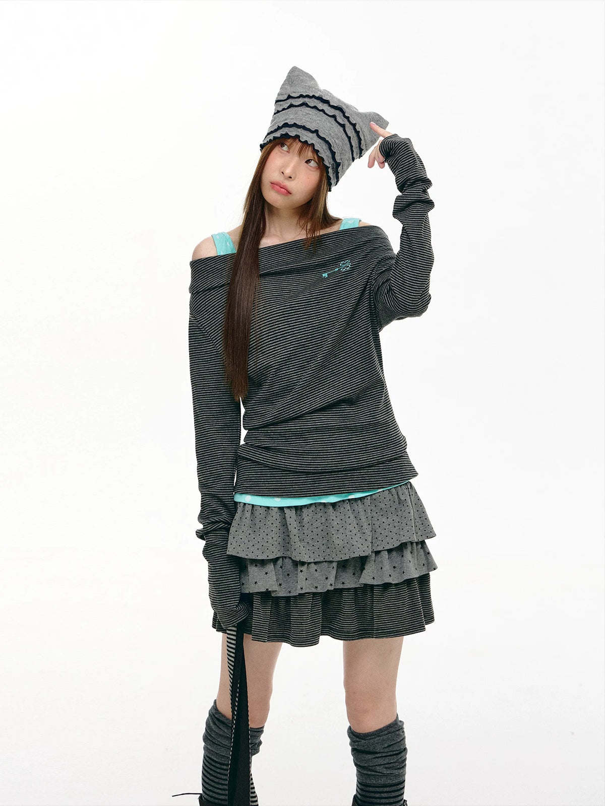 Charcoal Stripe Off-Shoulder Faux-Layer Long Sleeve Top