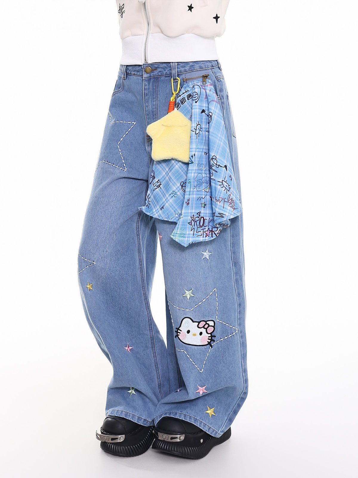 Cartoon Cat Star-Stitch Layered Wide-Leg Jeans with Charm