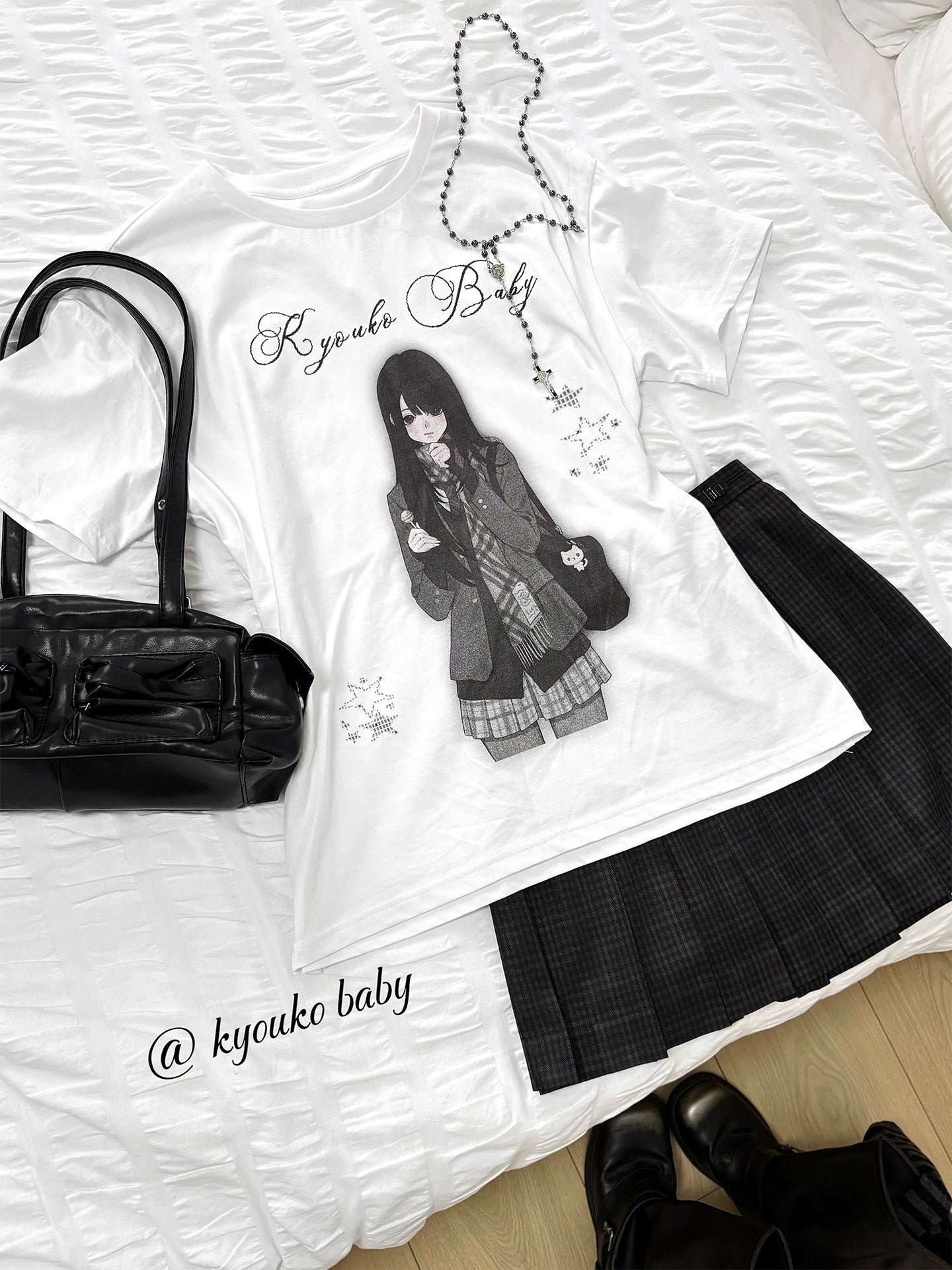 Room Doll Graphic Tee & Plaid Skirts