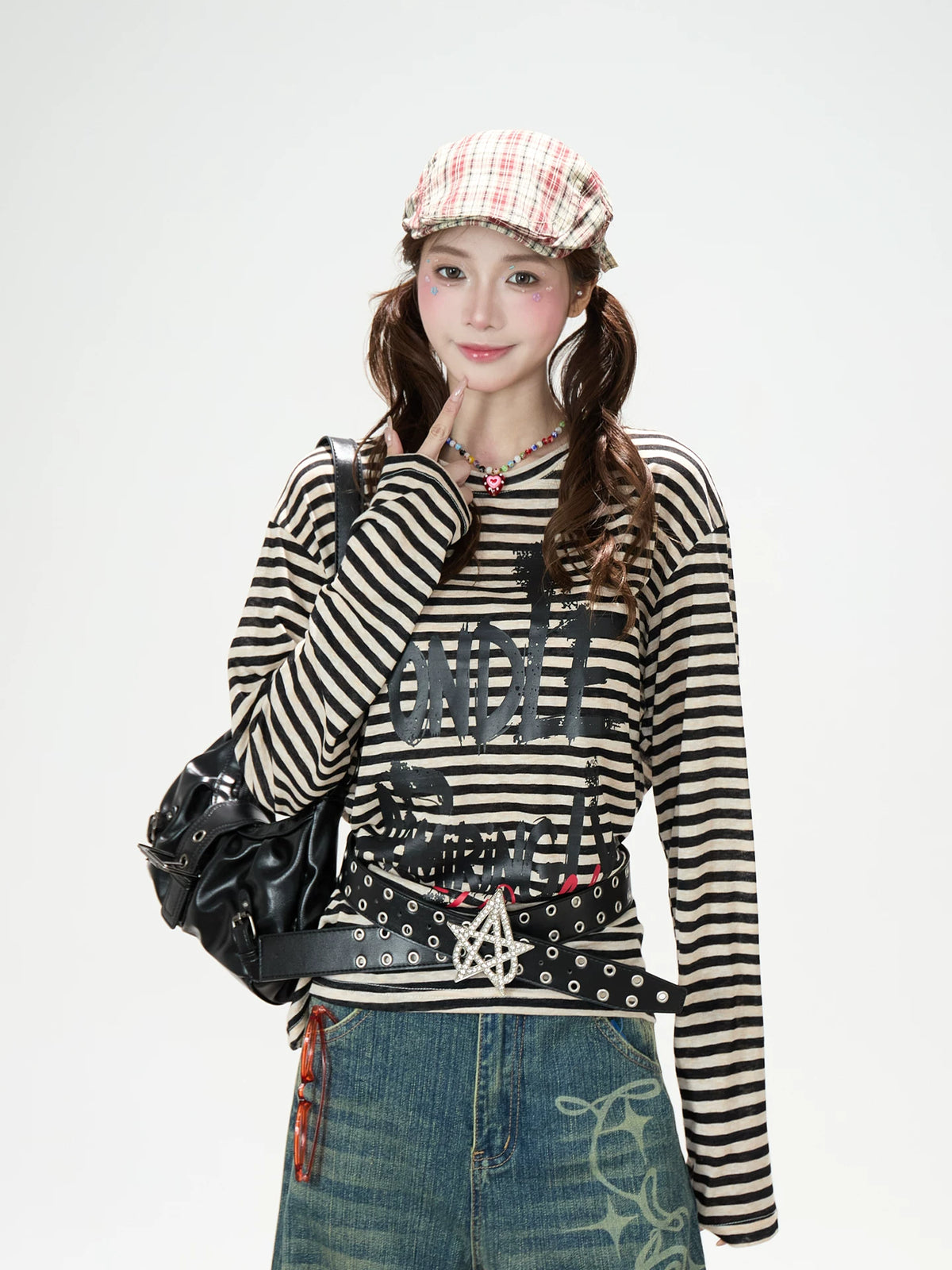 Distressed Striped Long Sleeve Top & Graphic Wide-Leg Pants